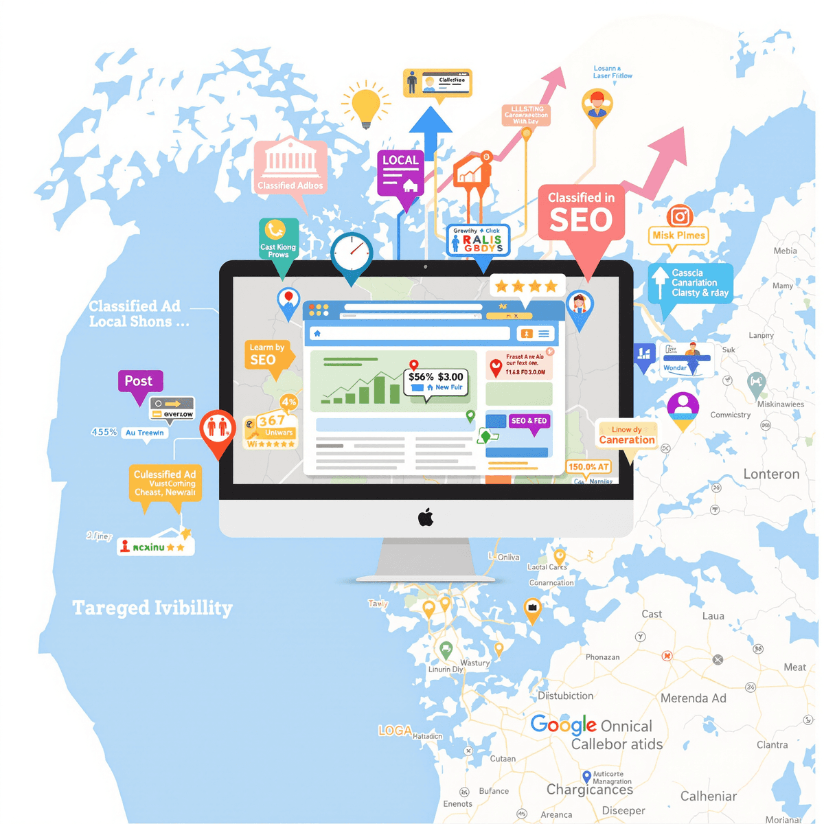 A computer screen shows a classified ad posting interface with colorful business icons and SEO elements, set against a map highlighting local areas and upward arrows for growth.