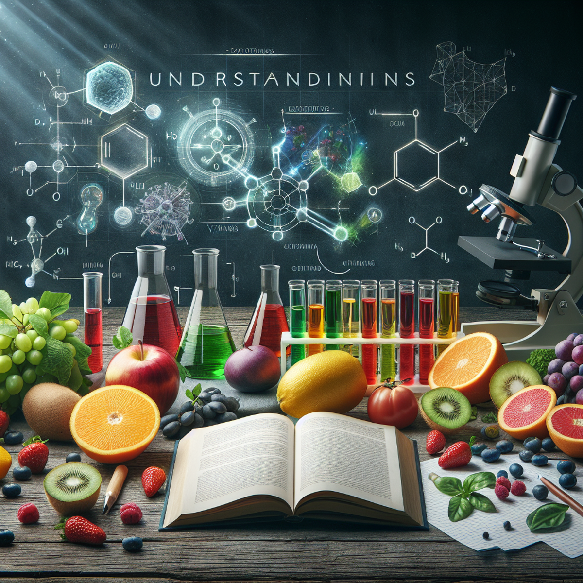 A variety of fresh fruits and vegetables arranged on a rustic wooden table, with a laboratory setting in the background including a microscope, test tubes containing colored solutions, and an open book with sketches of molecular structures.