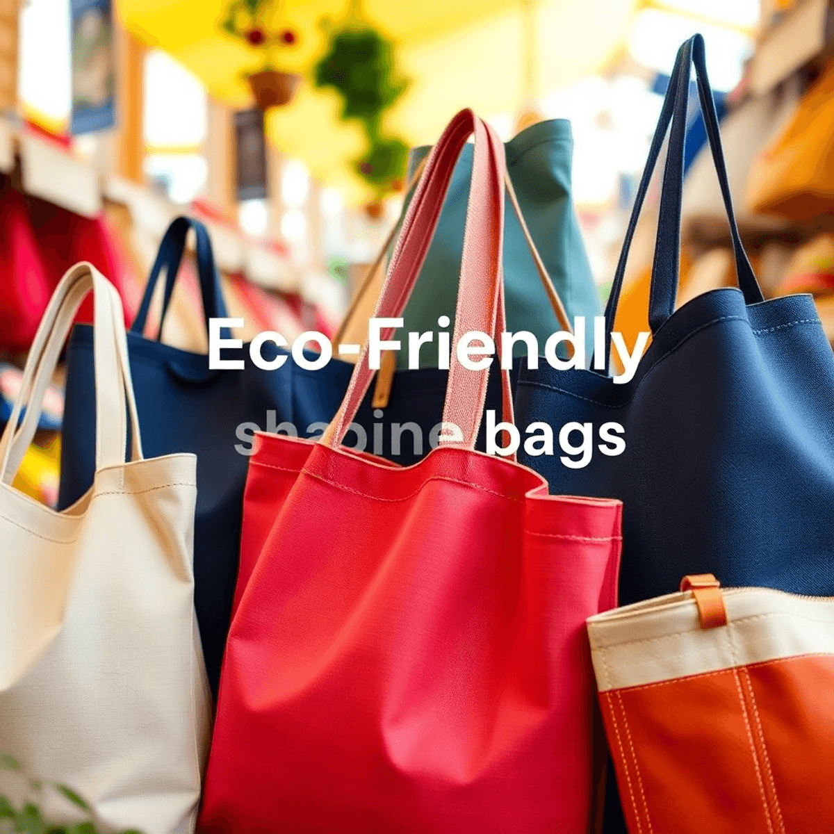 A colorful array of eco-friendly shopping bags made from organic cotton, jute, and recycled materials, displayed in a lively market setting.