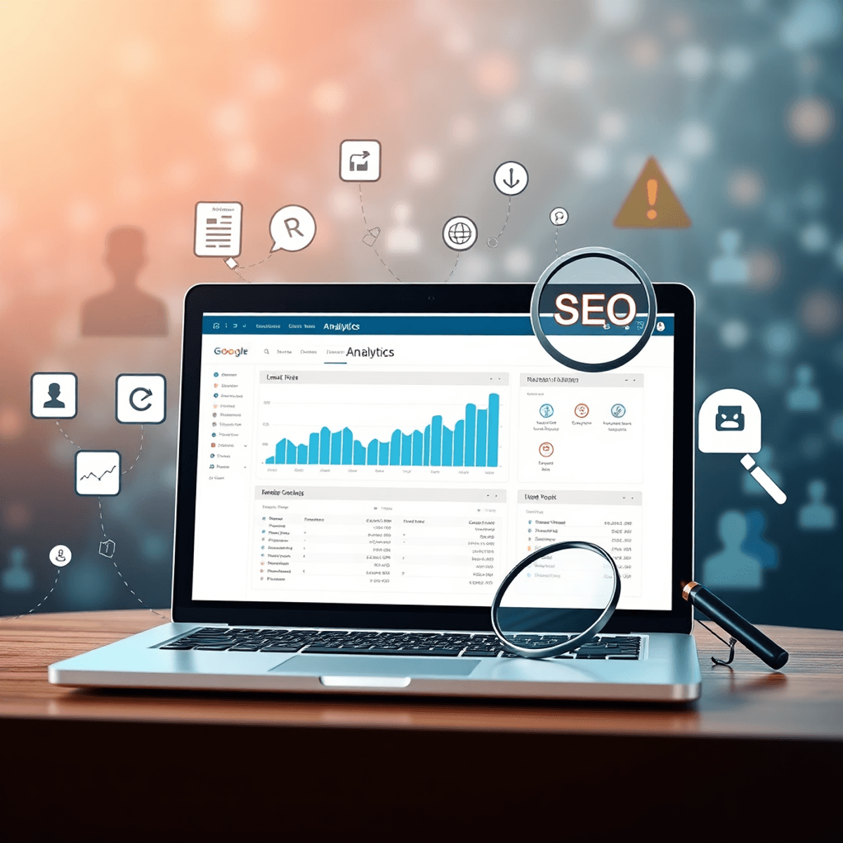 A laptop shows a website analytics dashboard, surrounded by social media icons, link chains, and a magnifying glass, set against a digital network background.
