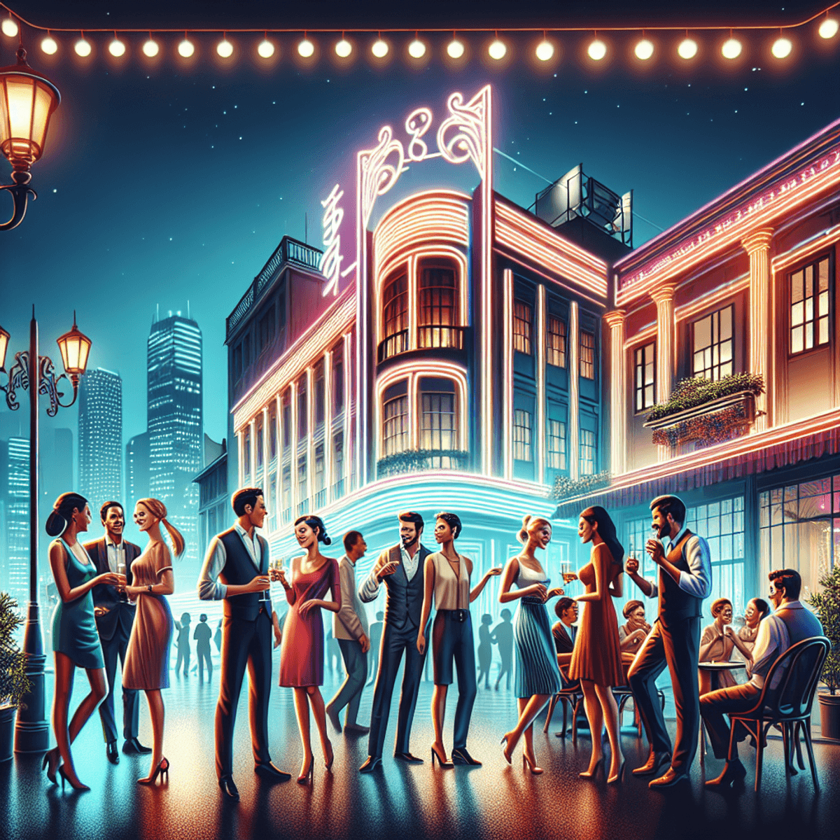 A vibrant Kolkata cityscape at night, featuring elegant venues adorned with neon lights. A diverse group of people, including Caucasians and Asians, engage in lively conversations, showcasing camaraderie through animated gestures and warm smiles. The atmosphere is sociable, with people gathered around outdoor tables, glasses raised in toasts, and laughter evident in their body language. The backdrop includes beautifully lit buildings and bustling streets, encapsulating the essence of a chic urban nightlife.