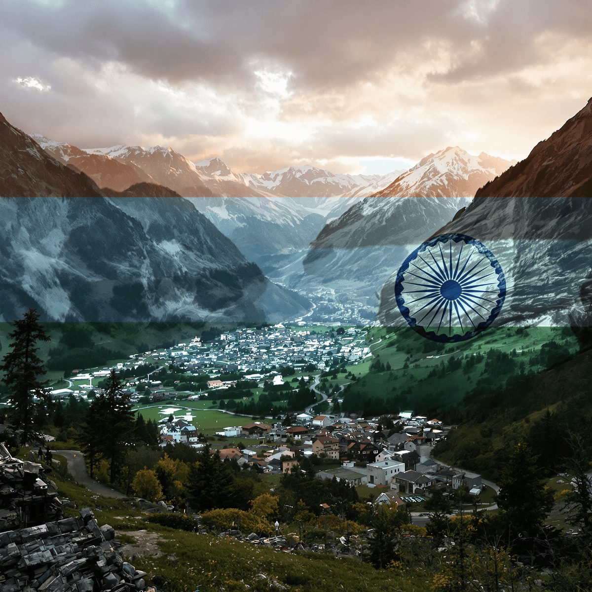 Scenic Pahalgam valley with a blurred distressed Indian flag overlay and symbols of terrorism and security, evoking tension in India-Pakistan relations.