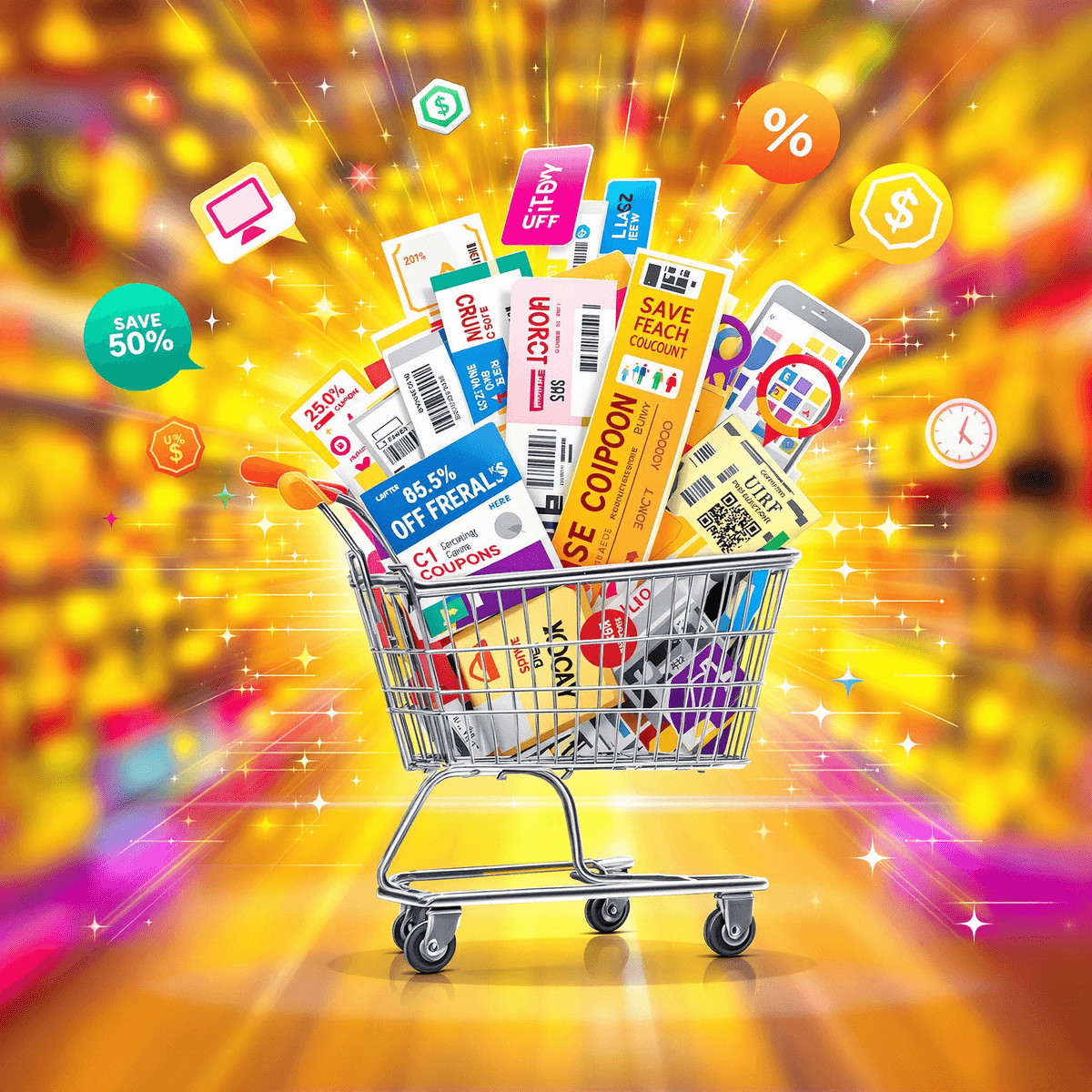 A shopping cart overflowing with colorful coupons and vouchers, set against a bright digital background featuring percentage signs, dollar signs, and devices representing online shopping.