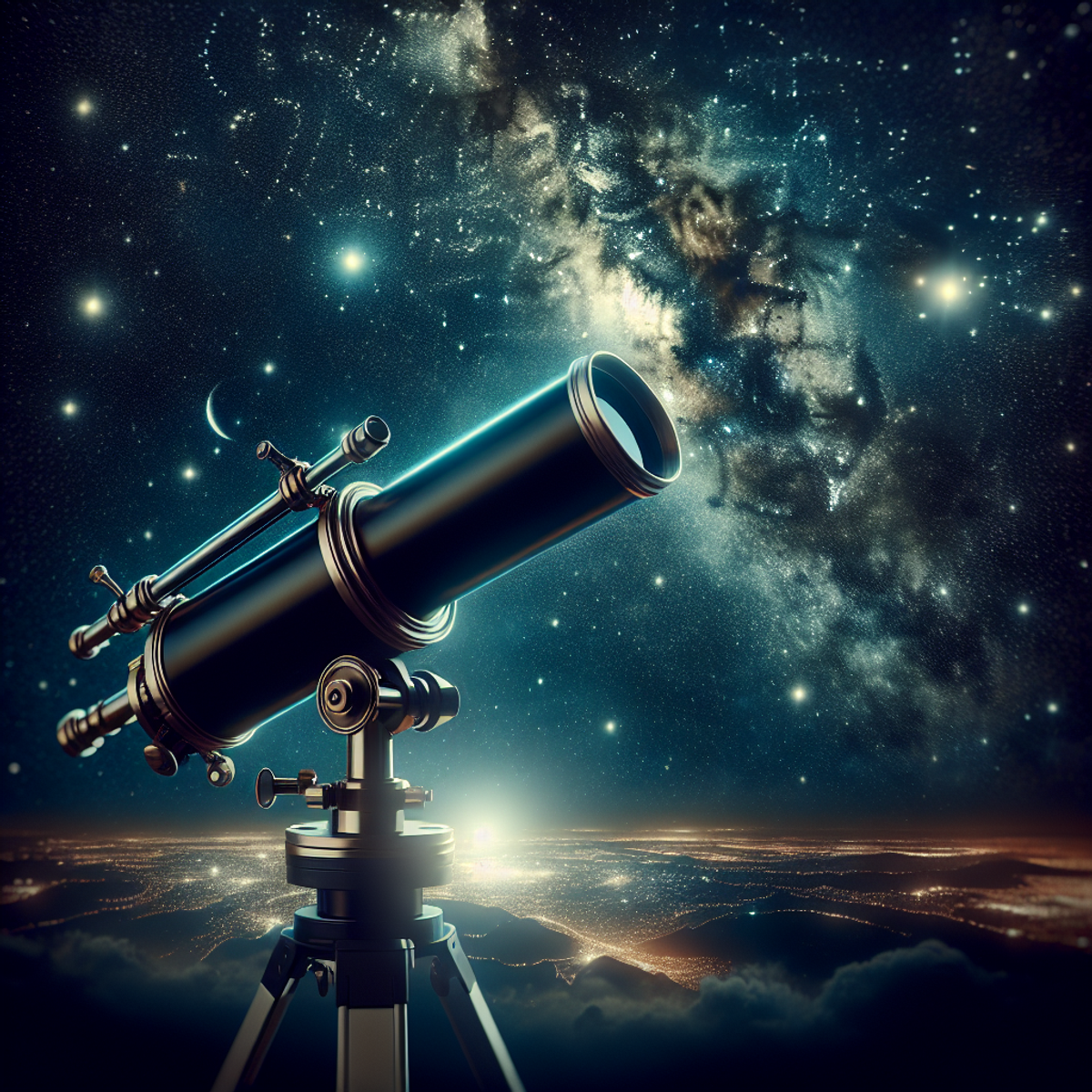 A telescope pointed towards a starry night sky filled with galaxies and stars.