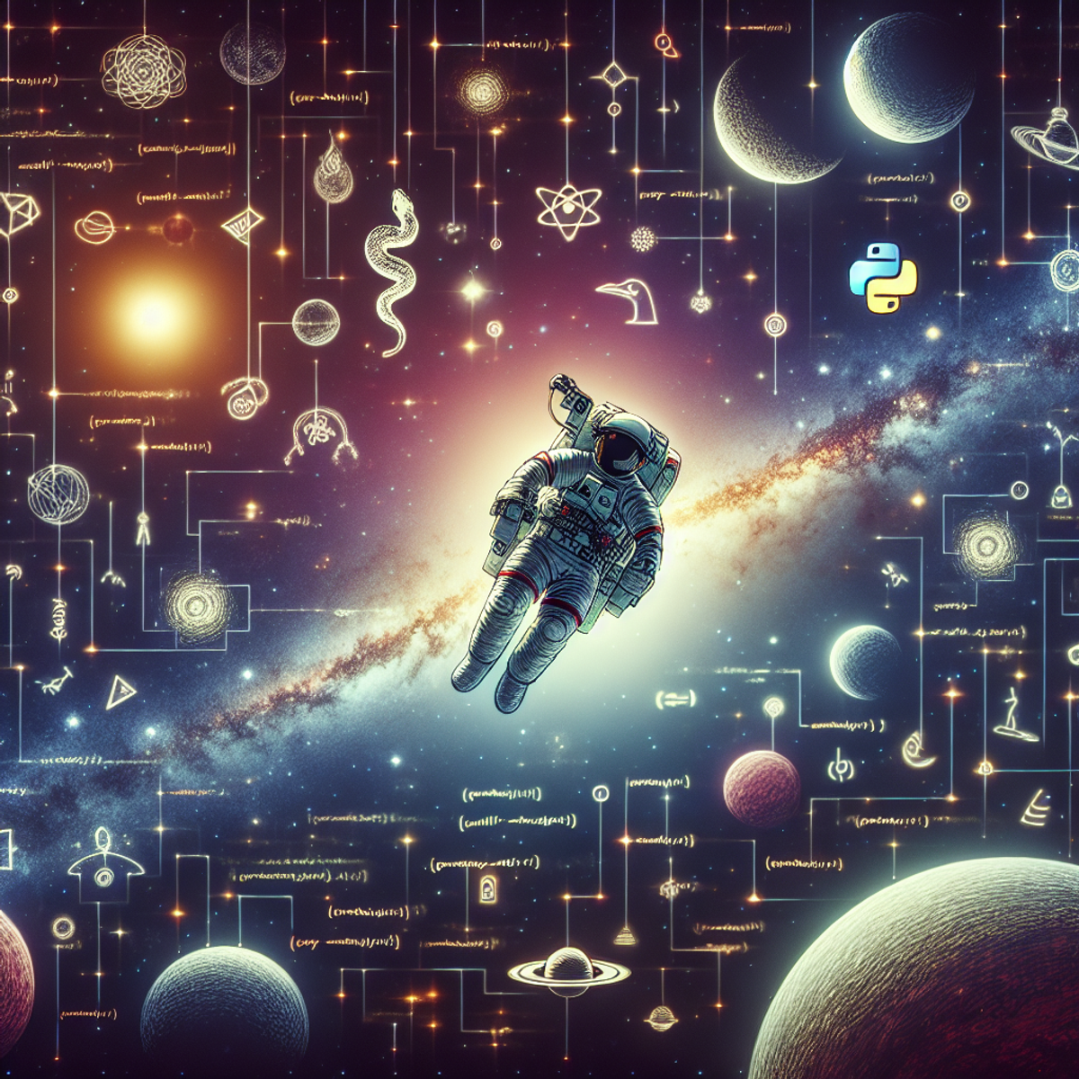 An astronaut floats in space, surrounded by stars, planets, and comets, with symbolic representations of coding and Python integrated into the celestial scene.