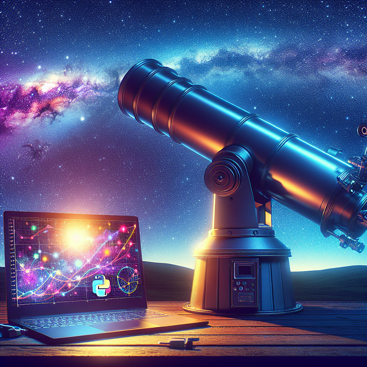 A large telescope pointed at a starlit night sky, with a laptop nearby displaying colorful graphs and charts.