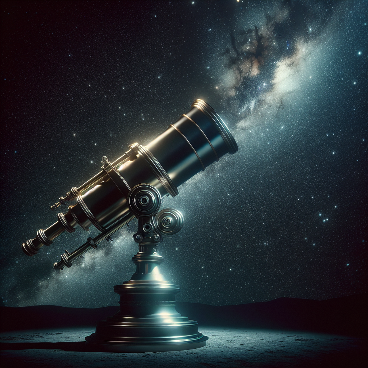 A telescope pointing towards a starry night sky with galaxies and stars.