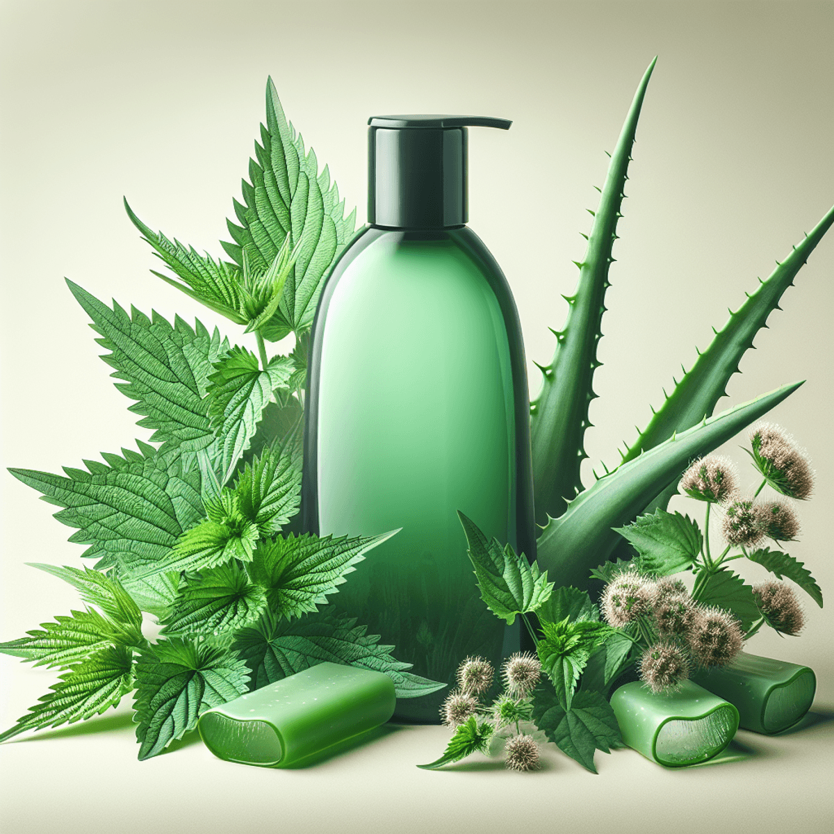 A green-tinted, translucent shampoo bottle sits prominently among vibrant fresh stinging nettle leaves and blooming aloe vera plants, all arranged on a soft, neutral backdrop. The shampoo bottle, reflecting the colors of the surrounding foliage, symbolizes a connection to nature and sustainability, while the lush green plants enhance the serene and healthful atmosphere of the scene.