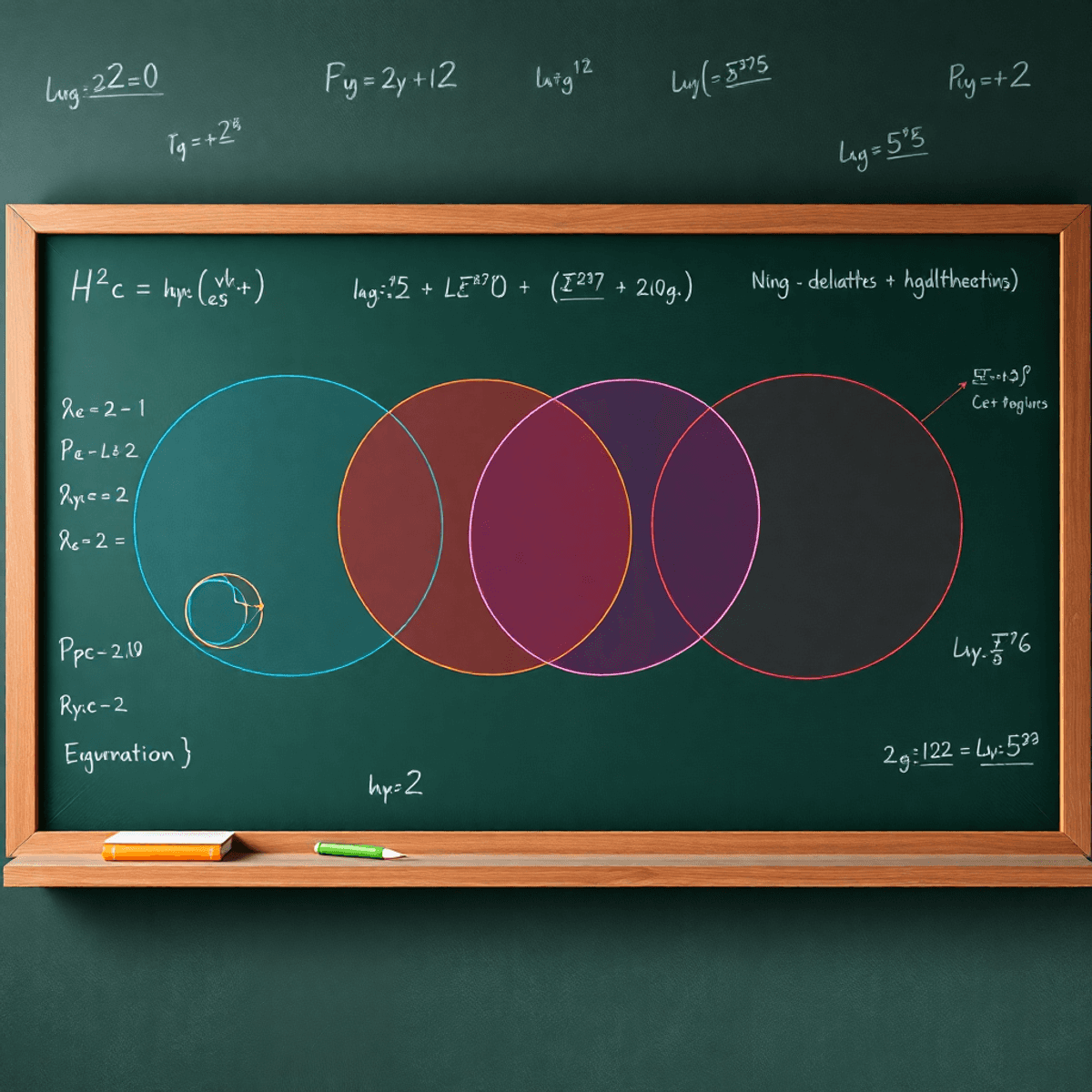 A realistic chalkboard filled with colorful Venn diagrams and set notation, surrounded by subtle mathematical symbols and equations, emphasizing set theory concepts.