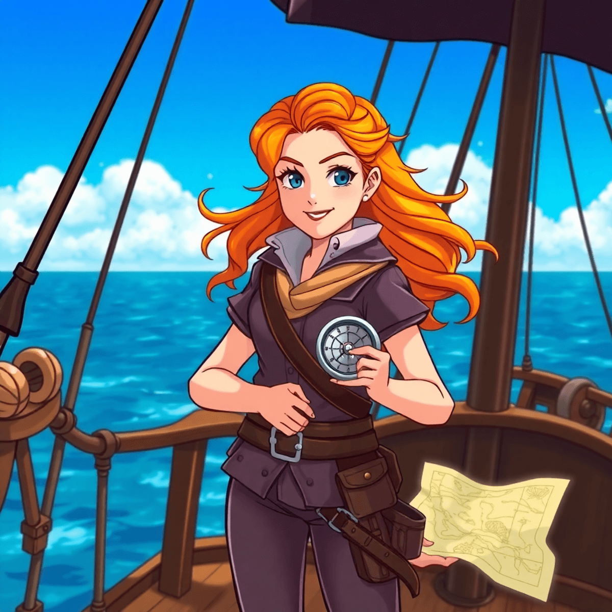 A young female navigator with orange hair confidently stands on a pirate ship deck, holding a compass and map, against a bright blue sky and ocean backdrop.