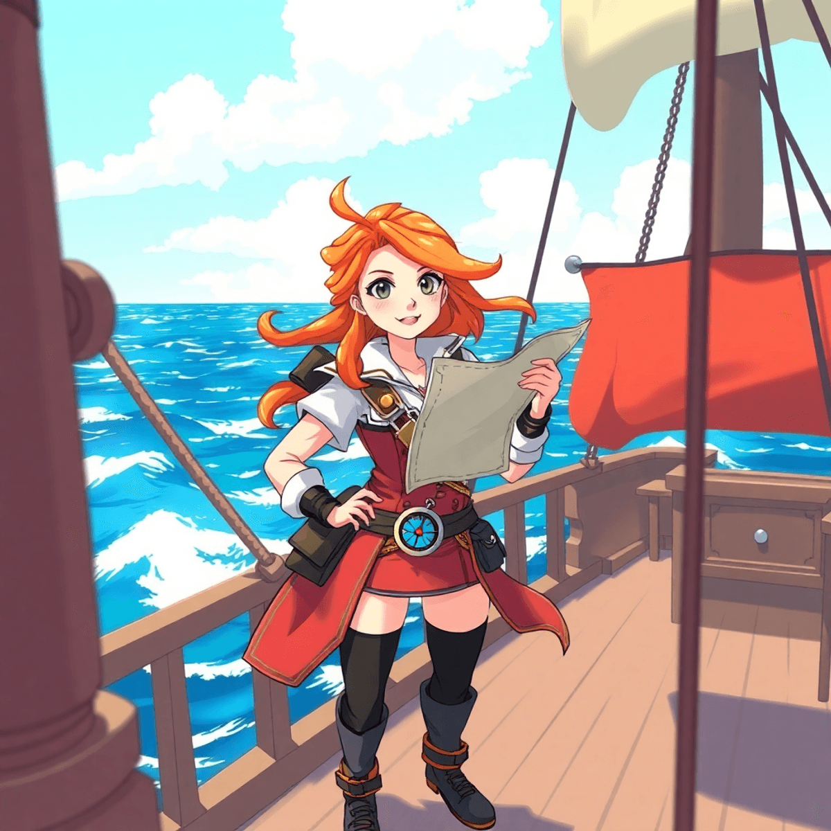 A young female navigator with bright orange hair stands confidently on a pirate ship deck, holding a map and compass, surrounded by ocean and clear sky.