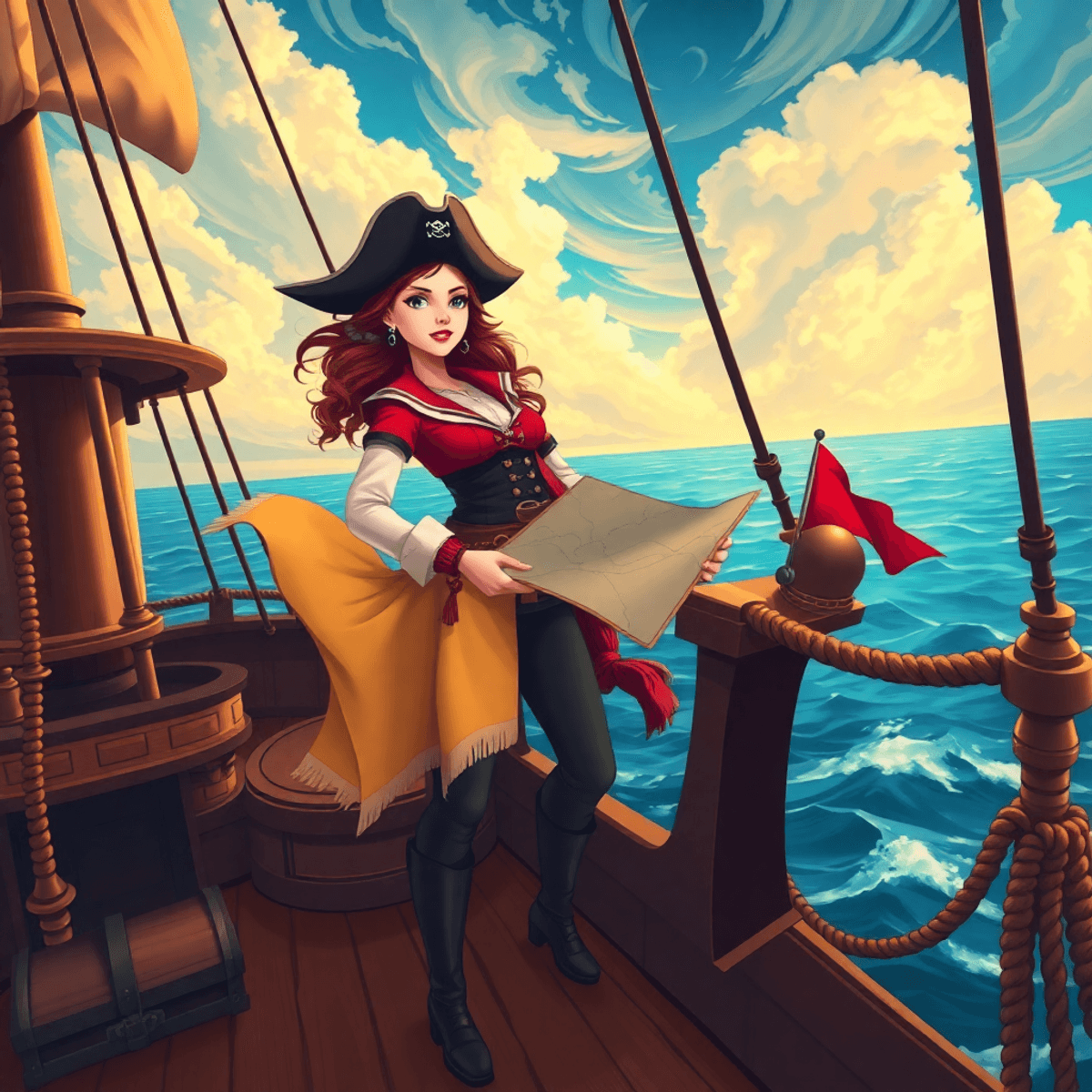 A confident female navigator stands on a pirate ship's deck, holding a map and compass, with treasure chests and navigational tools around her against a dynamic ocean backdrop.