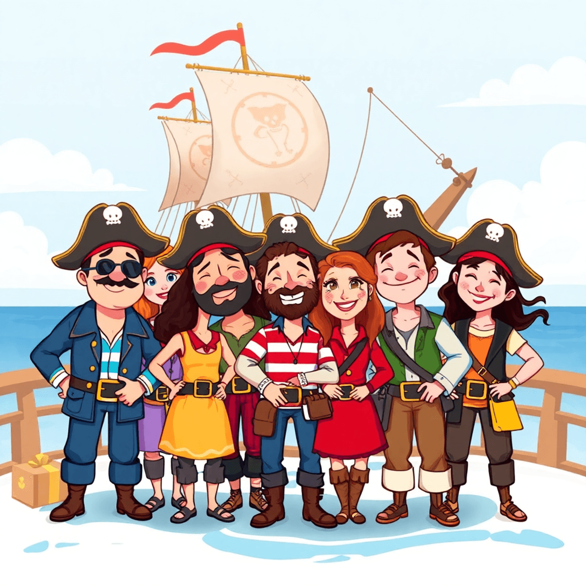 A lively illustration of a diverse pirate crew, featuring a treasure map, ship, and navigational tools, showcasing camaraderie and teamwork with vibrant colors.