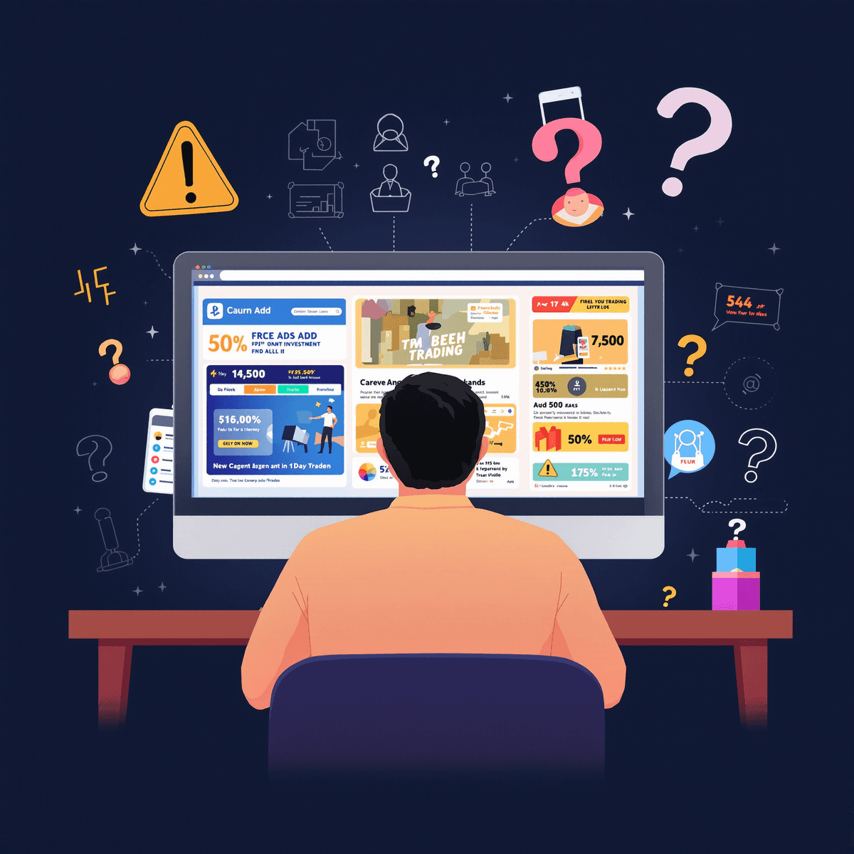 A person sitting at a computer, intently viewing an online trading platform, with caution symbols and question marks subtly integrated into the background.