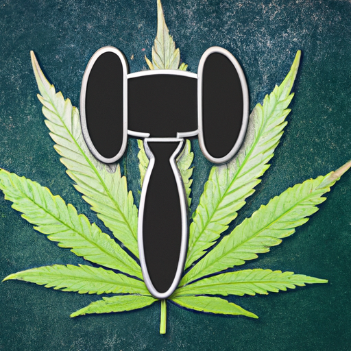 "A gavel striking down on a stylized icon of a hemp leaf, symbolizing the regulation of the CBD industry."