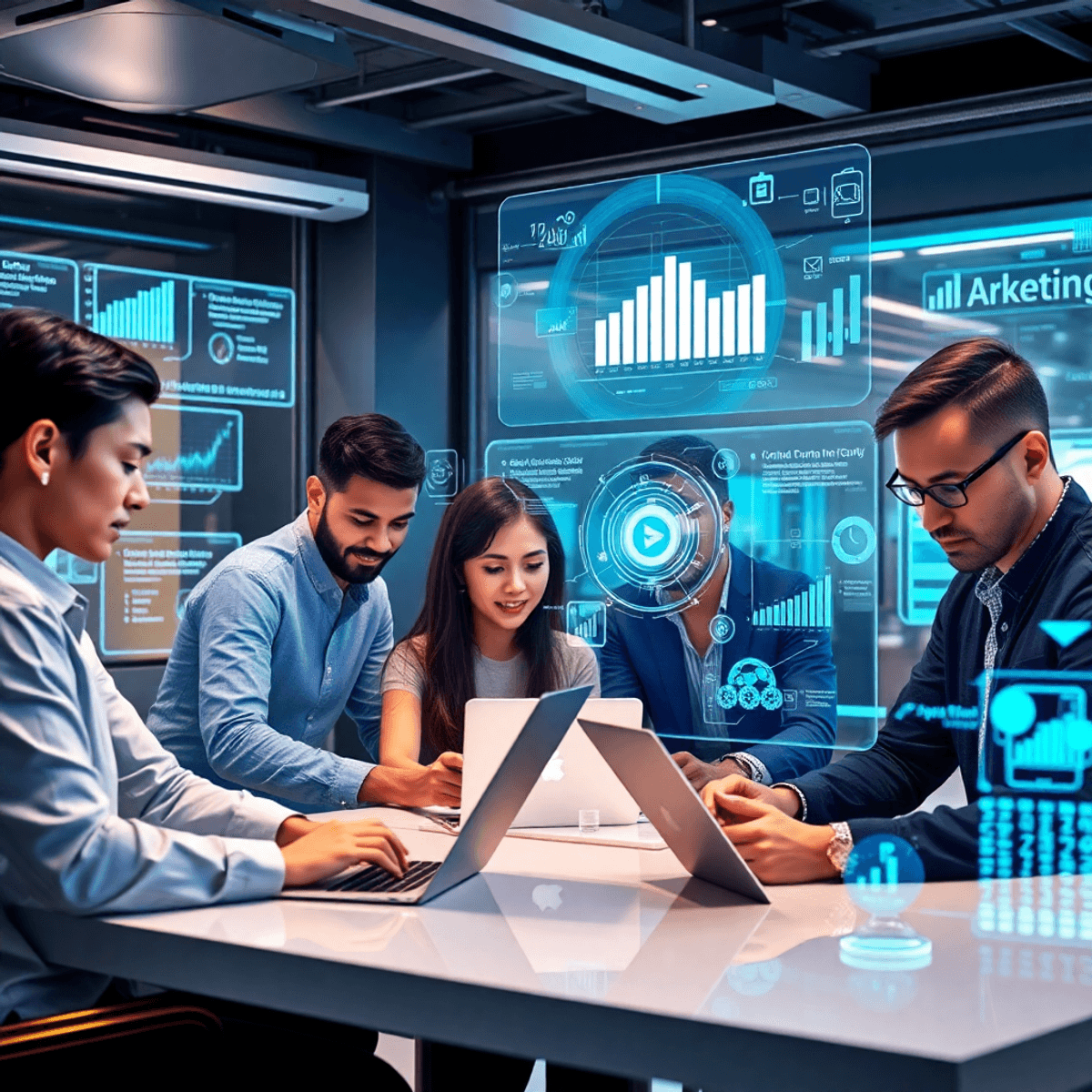 a group of people looking at laptops