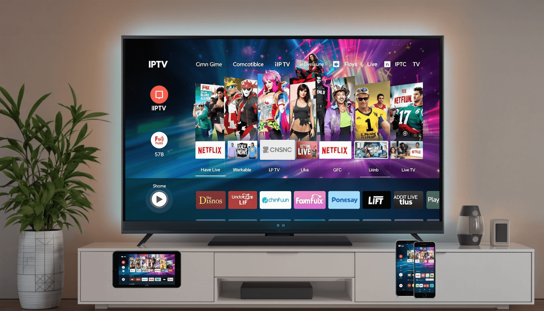 Smart IPTV – Stream Live TV on Your Smart Devices 2025 1 Modern living room with a large smart TV showing IPTV interface, surrounded by a tablet and smartphone streaming live TV channels.