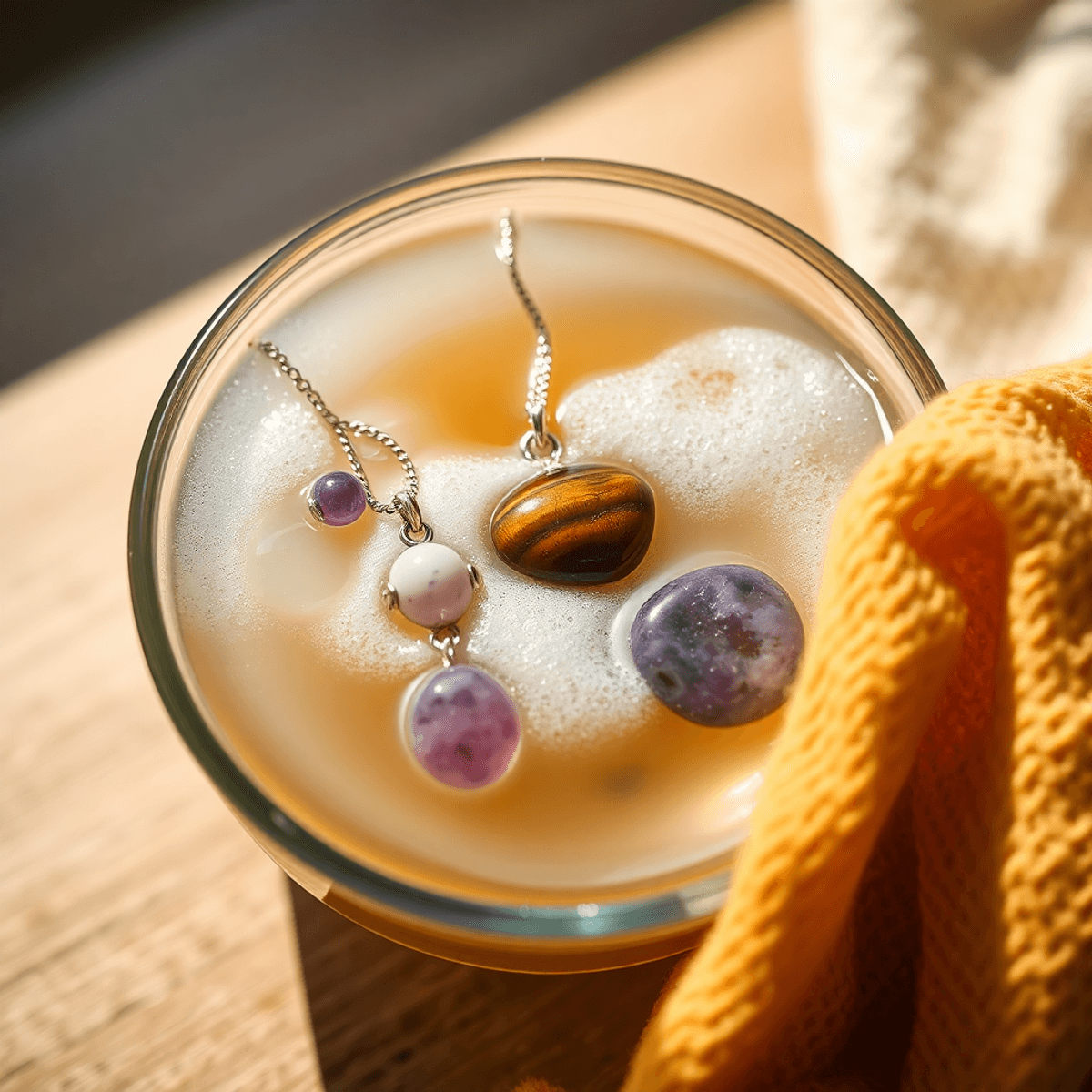 Limpieza consciente con agua tibia y jabón neutro para mantener el brillo y la energía de tus cuarzos.