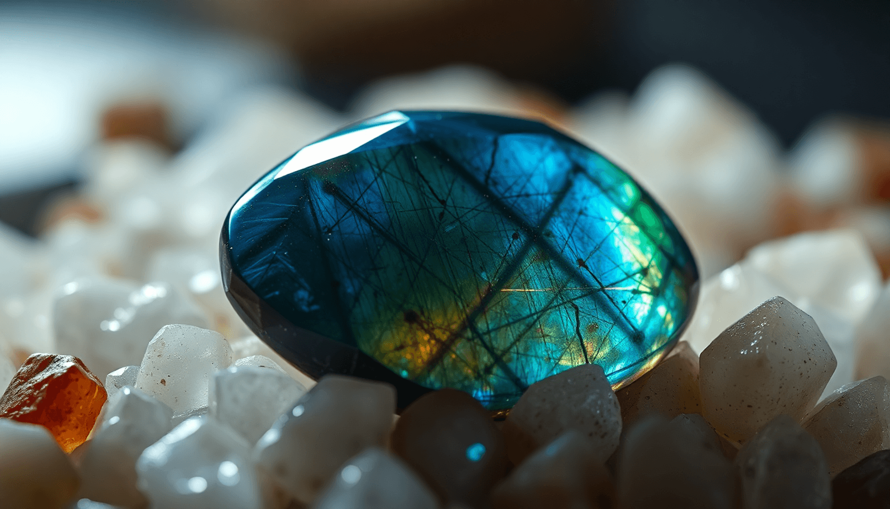 Primer plano de una gema de labradorita brillante con destellos iridiscentes en azul y verde sobre cristales naturales, bajo una iluminación suave y mística.
