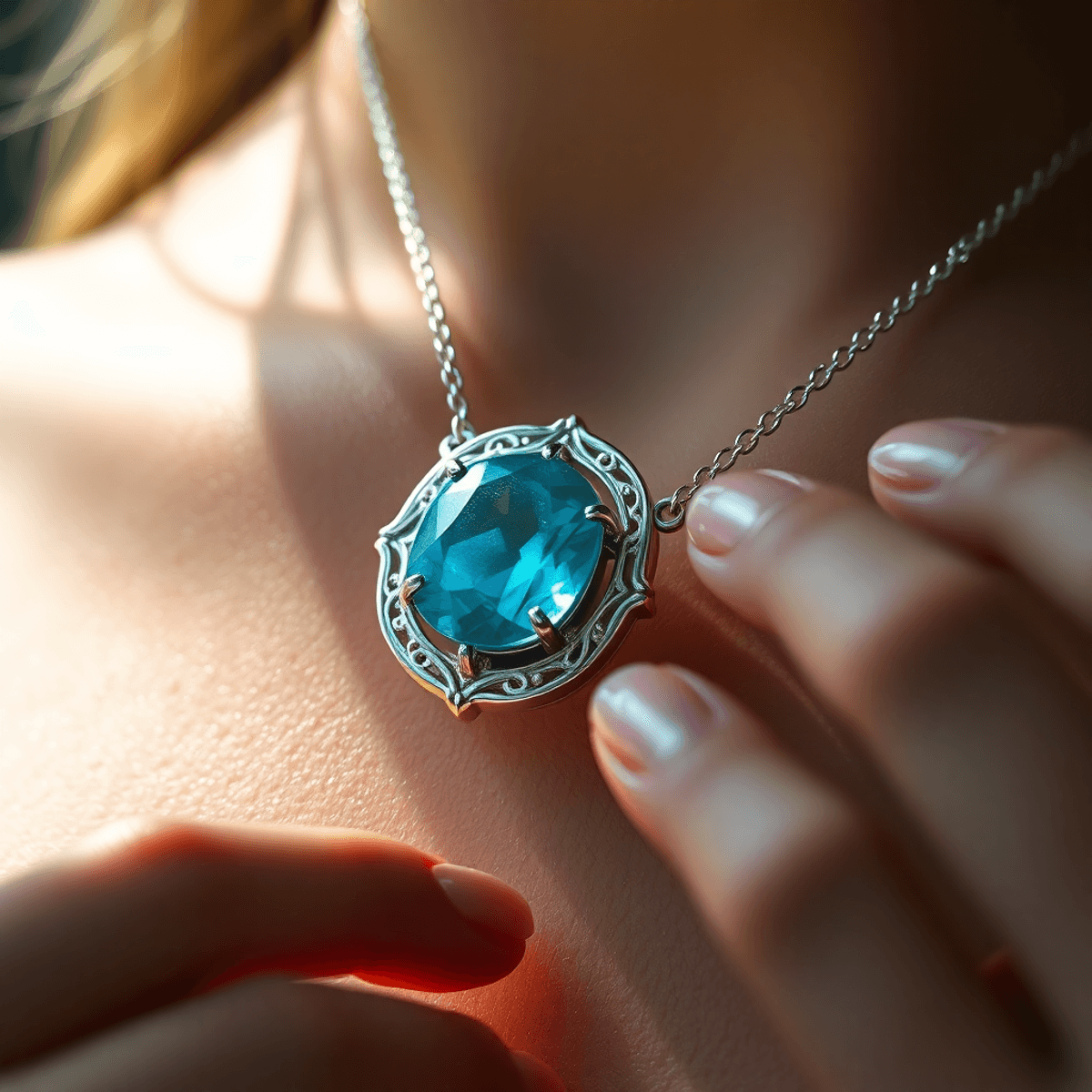 Un close-up de un collar con un pendiente de plata y una piedra de grandidierita.