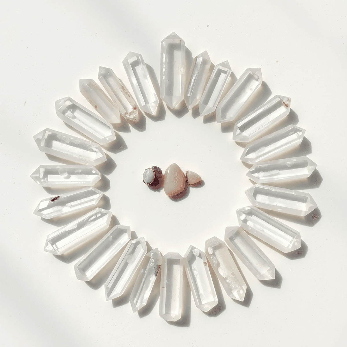 Joyas de ópalo, amatista y cuarzo rosa descansan en el centro de un círculo de cuarzos cristal bajo la luz del día.