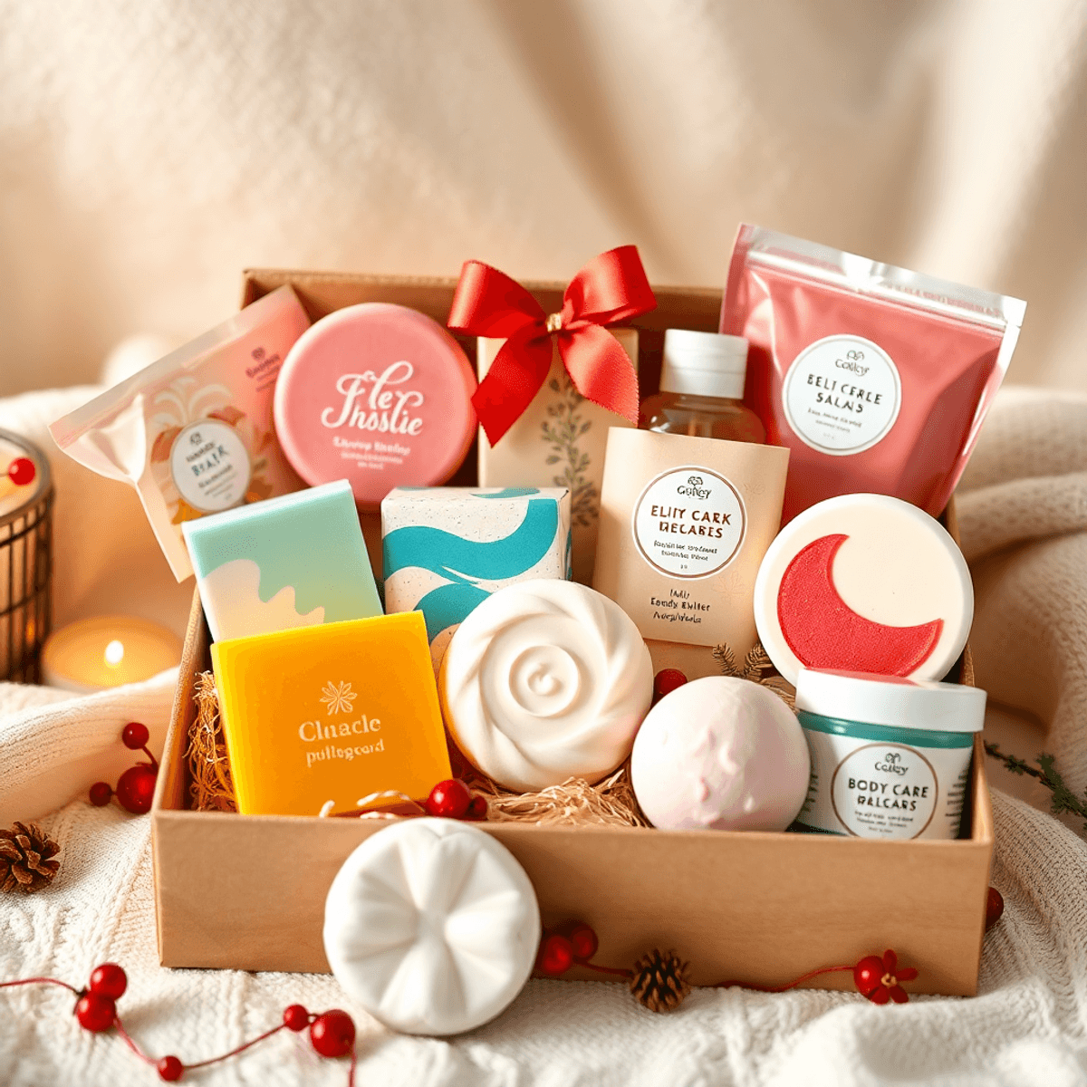 Auto Draft 4 A decorative box filled with colorful soaps, bath bombs, and body butters, set against a soft background that enhances a cozy and relaxing atmosphere.