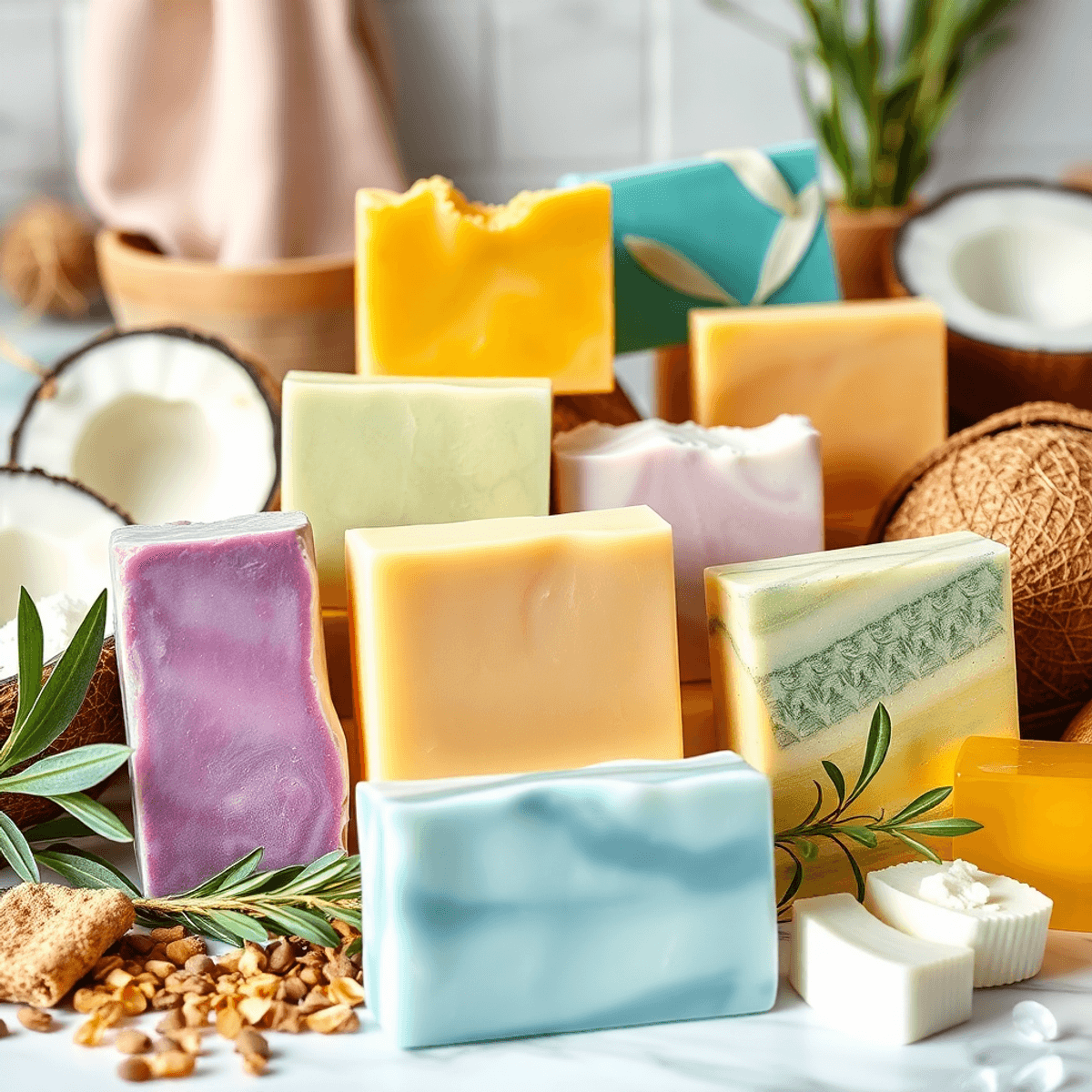Auto Draft 1 An array of colorful handmade soap bars in various shapes, accompanied by natural ingredients like olive oil and coconut, set against a clean, modern bathroom backdrop.