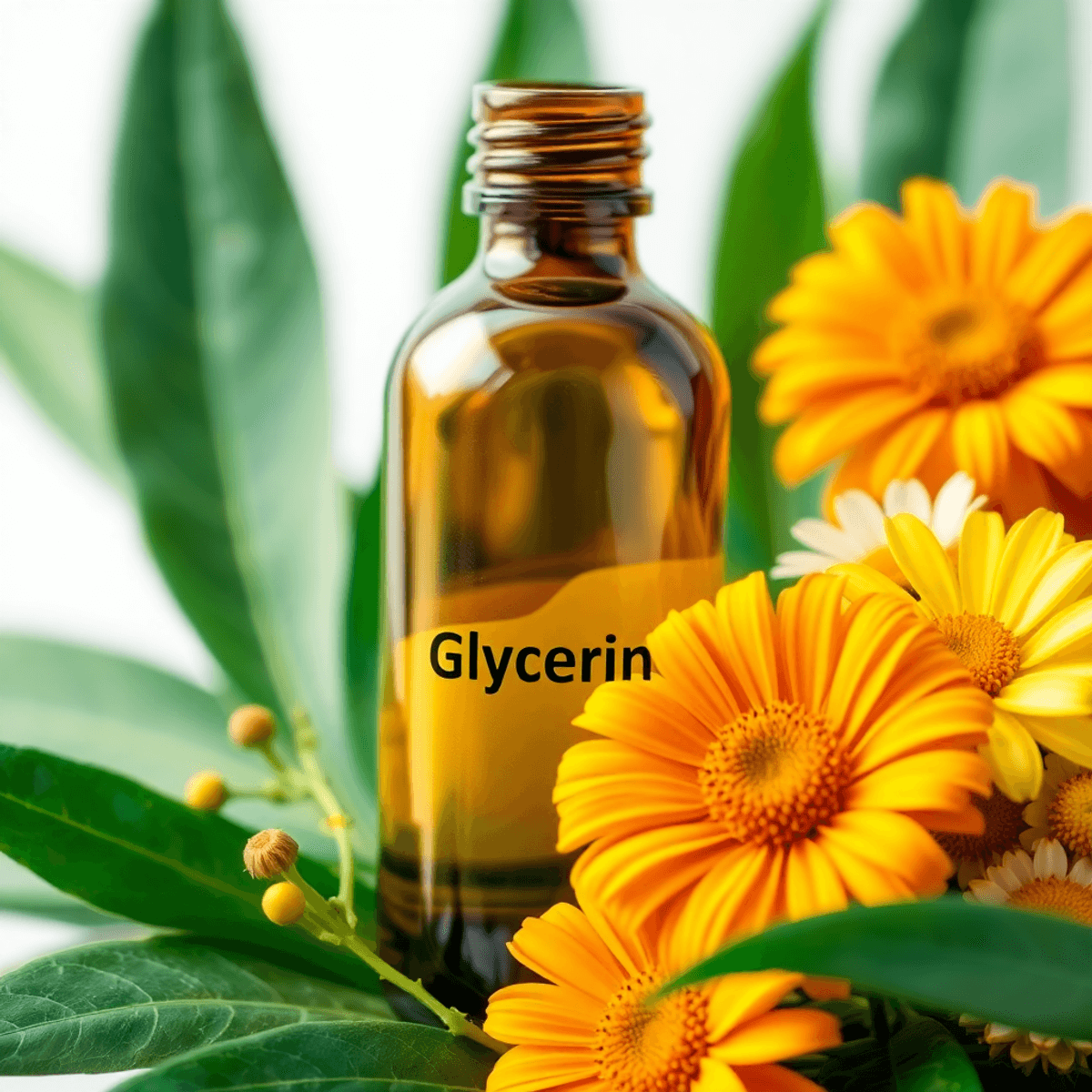 Auto Draft 2 A close-up of a glycerin bottle surrounded by calendula flowers and chamomile, with soft-focus green leaves in the background, symbolizing skin nourishment.