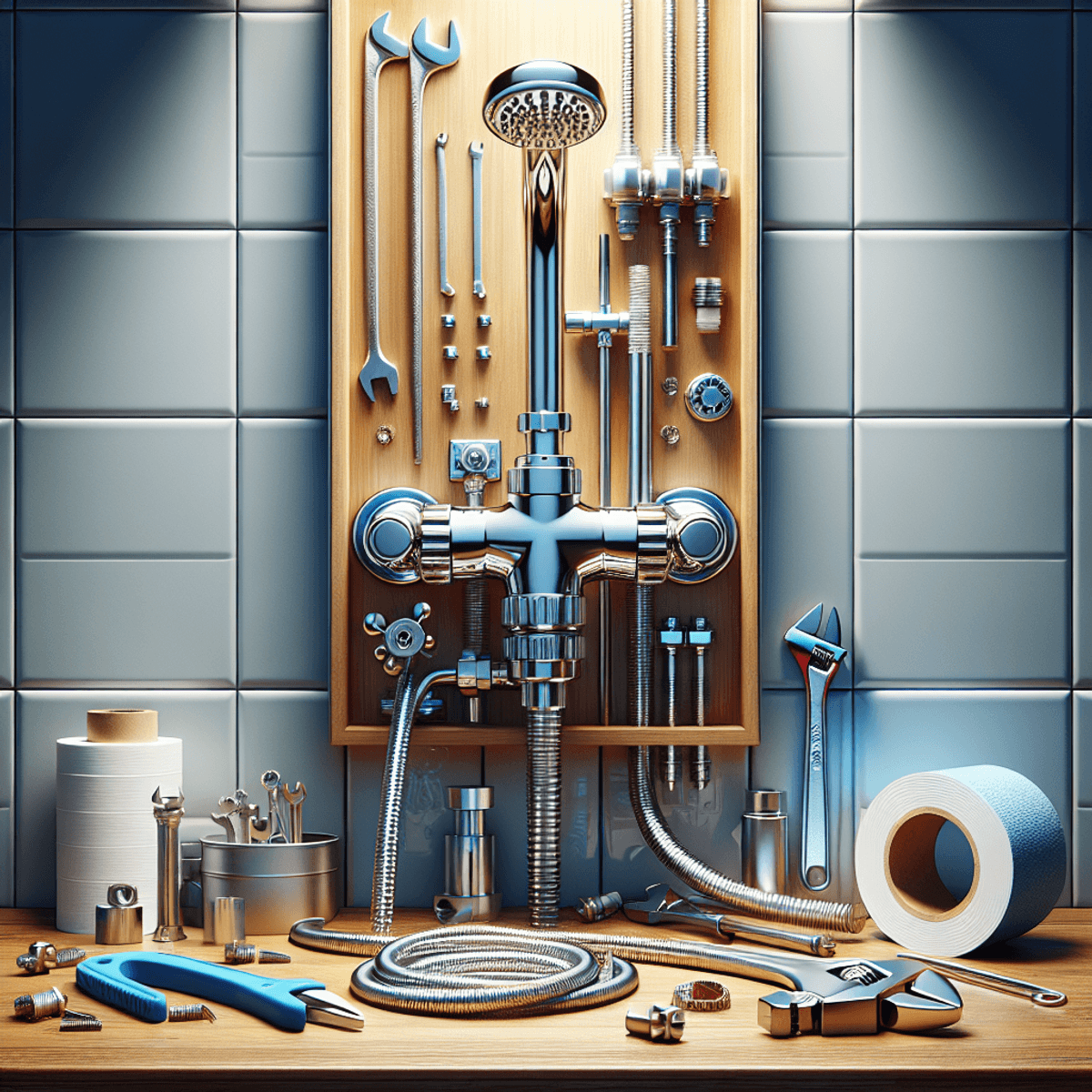 A bright and modern bathroom featuring a shiny shower faucet and valve that is partially disassembled, indicating maintenance in progress. The scene includes tools such as a wrench and plumber's tape placed neatly on the countertop beside the sink. The overall atmosphere is clean and inviting, with soft lighting and contemporary decor, suggesting both comfort and ongoing home improvement efforts.