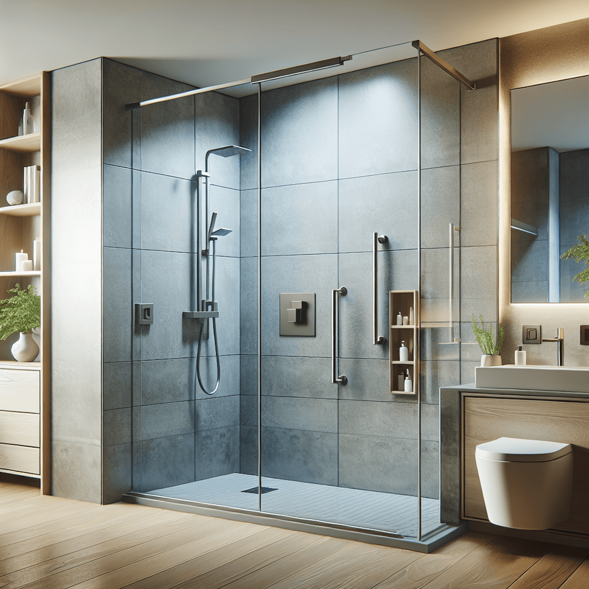 A digital art representation of a modern walk-in shower, showcasing its sleek design and practical benefits.