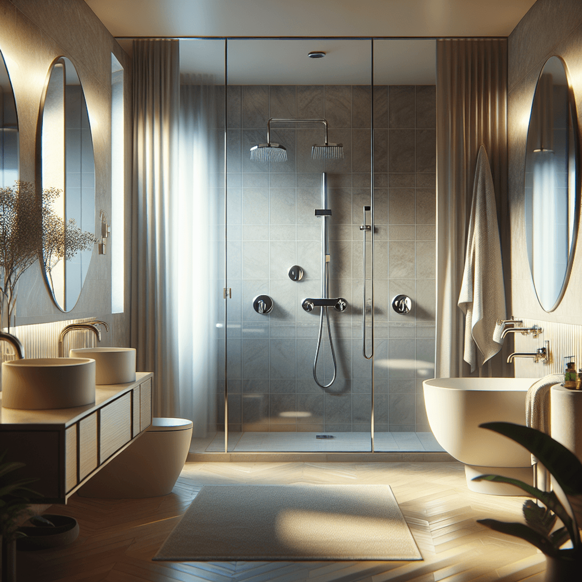 A modern bathroom featuring sleek chrome and matte black shower replacement handles. The space is clean and welcoming, with soft neutral hues on the walls and fixtures. The lighting creates a soothing ambiance, highlighting the meticulously maintained surfaces and elegant design. The overall atmosphere is inviting, reflecting an upgraded home ideal for potential buyers.