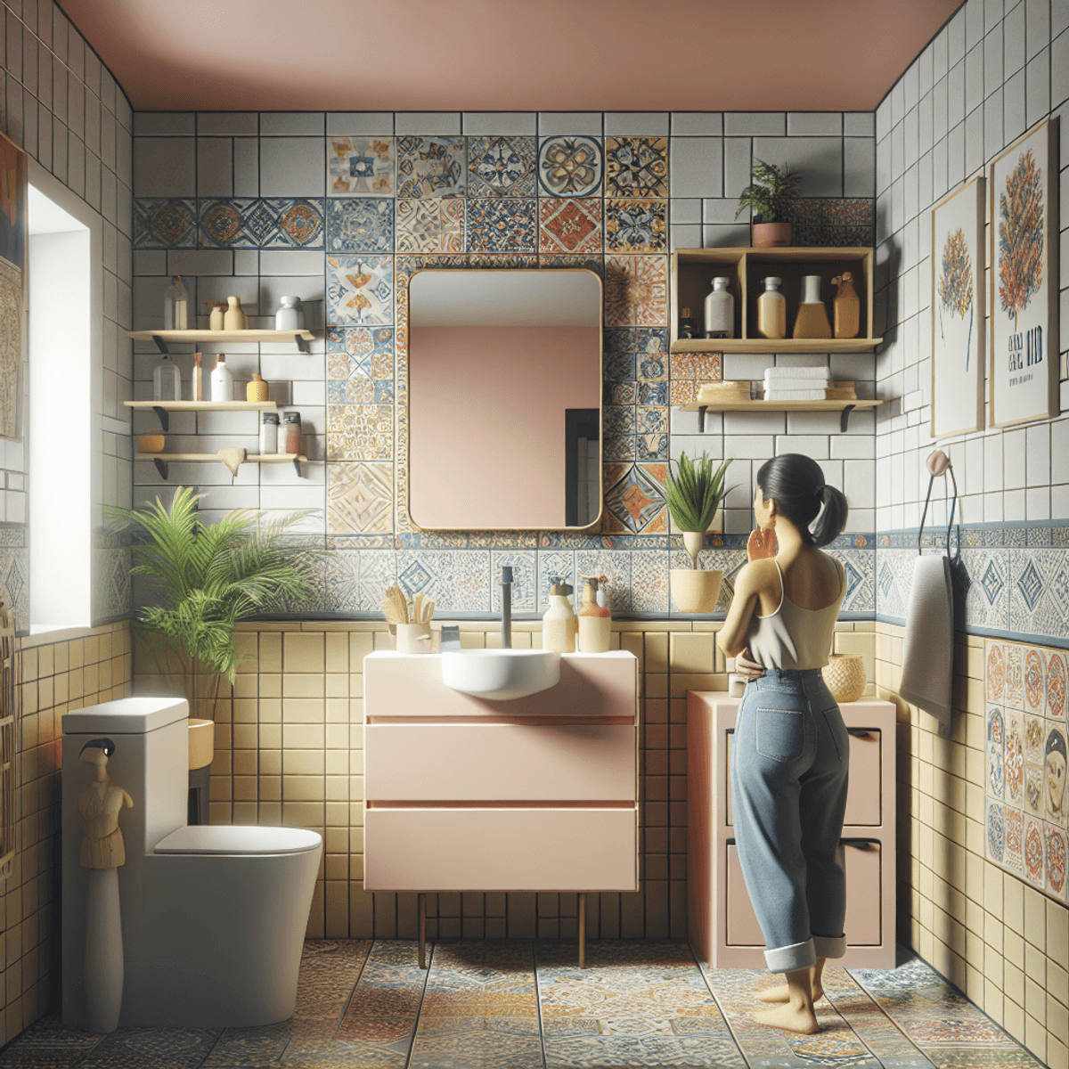 A small, tastefully renovated bathroom featuring light-colored tiles and a vibrant backsplash. The room is bright and inviting, showcasing innovative storage solutions like floating shelves and stylish baskets. Contemporary fixtures are installed, adding a modern touch. A Hispanic woman stands in the space, smiling as she admires the blend of style and practicality in the compact room.