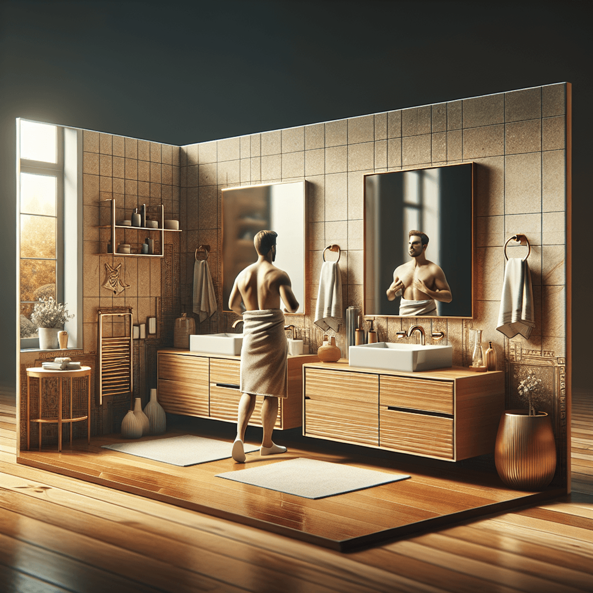 A stylish and modern bathroom featuring two bathroom vanities side by side, one 30 inches and the other 40 inches. The space showcases elegant faucets, attractive countertops, and tasteful decorative accessories. A Caucasian man is interacting with the vanities, highlighting both functionality and aesthetics in a warm and inviting atmosphere.
