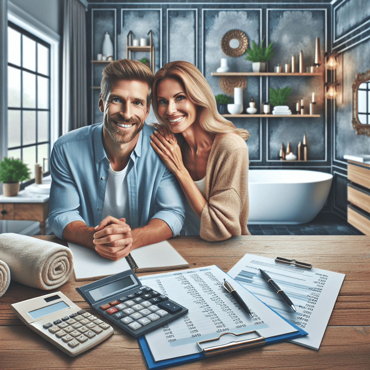 A modern, elegantly renovated bathroom featuring sleek fixtures and stylish decor. A Caucasian man and woman are engaged in a cheerful discussion, standing by a countertop adorned with a calculator and notepads, symbolizing their careful budgeting for home renovations. The atmosphere reflects a blend of contemporary design and practical financial planning.