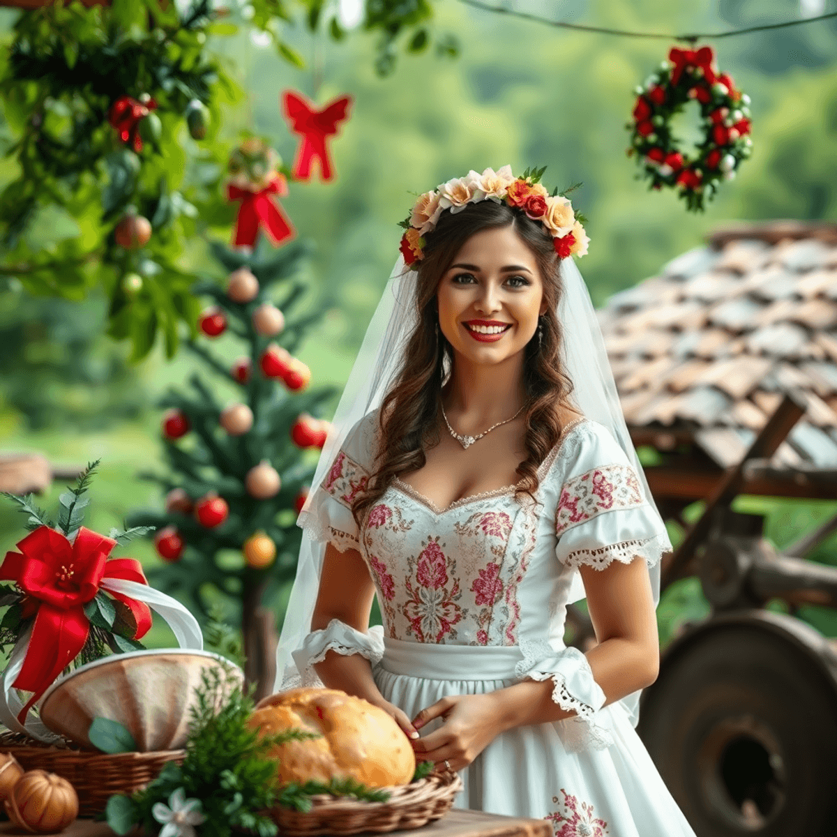 O mireasă într-o rochie albă tradițională, împodobită cu flori, stă bucuros într-un cadru rural luxuriant, înconjurată de un brad de Crăciun decorat și pâine tradițională, evocând o sărbătoare culturală.