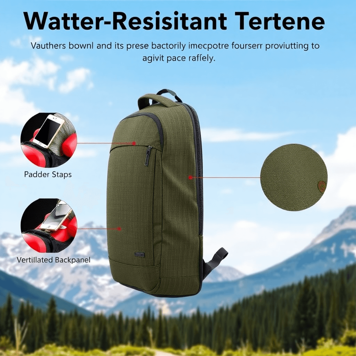 A modern, spacious backpack with padded shoulder straps and a ventilated back panel, set against a scenic outdoor backdrop of mountains and forests.
