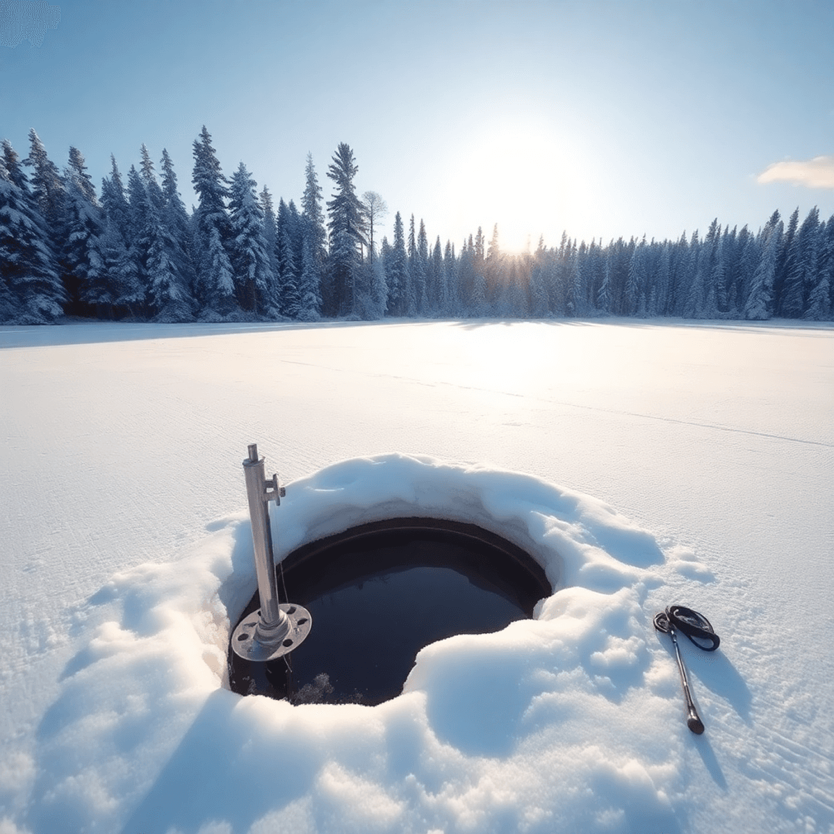 A serene winter landscape with a frozen lake, snow-covered trees, and a fishing hole. Fishing gear like an auger and tip-up are visible under a clear blue sky.