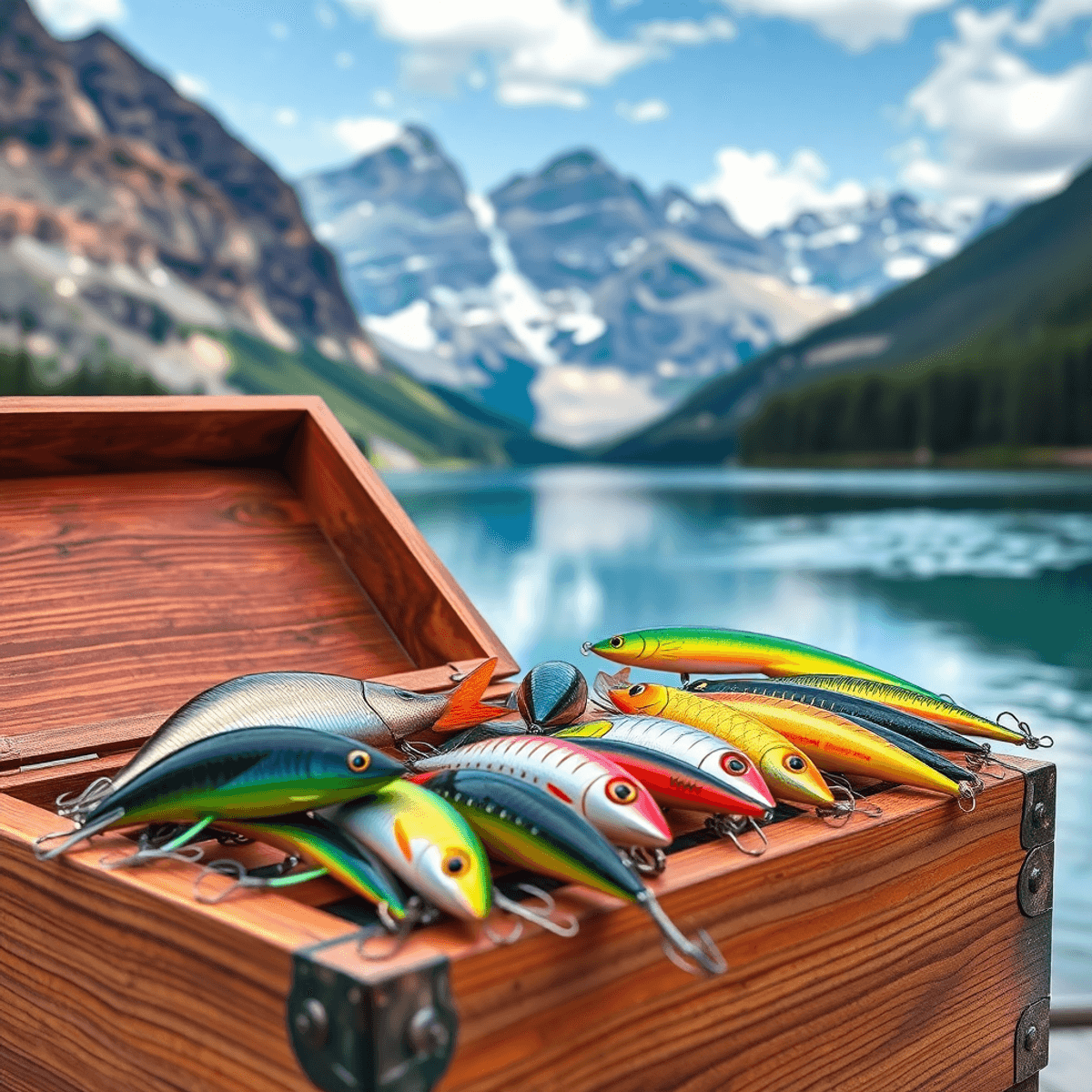 Colorful Rapala fishing lures arranged on a wooden tackle box, with a tranquil Canadian lake and lush greenery in the background, highlighting the beauty of nature.