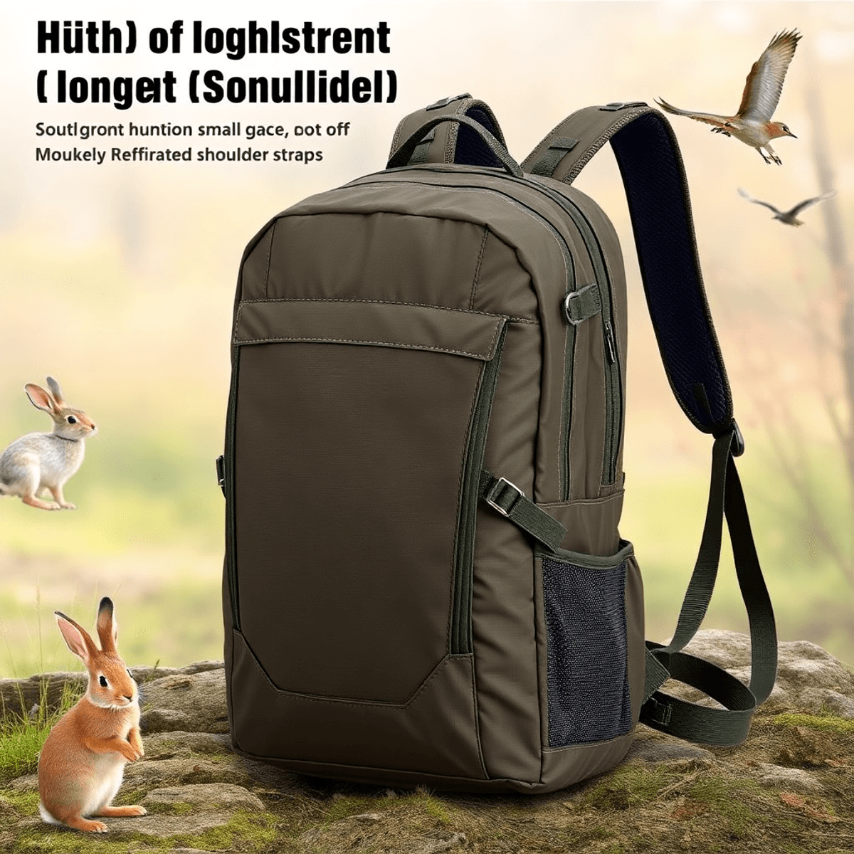 lightweight with strong shoulder straps sits in a natural outdoor setting, surrounded by signs of rabbits and birds.
