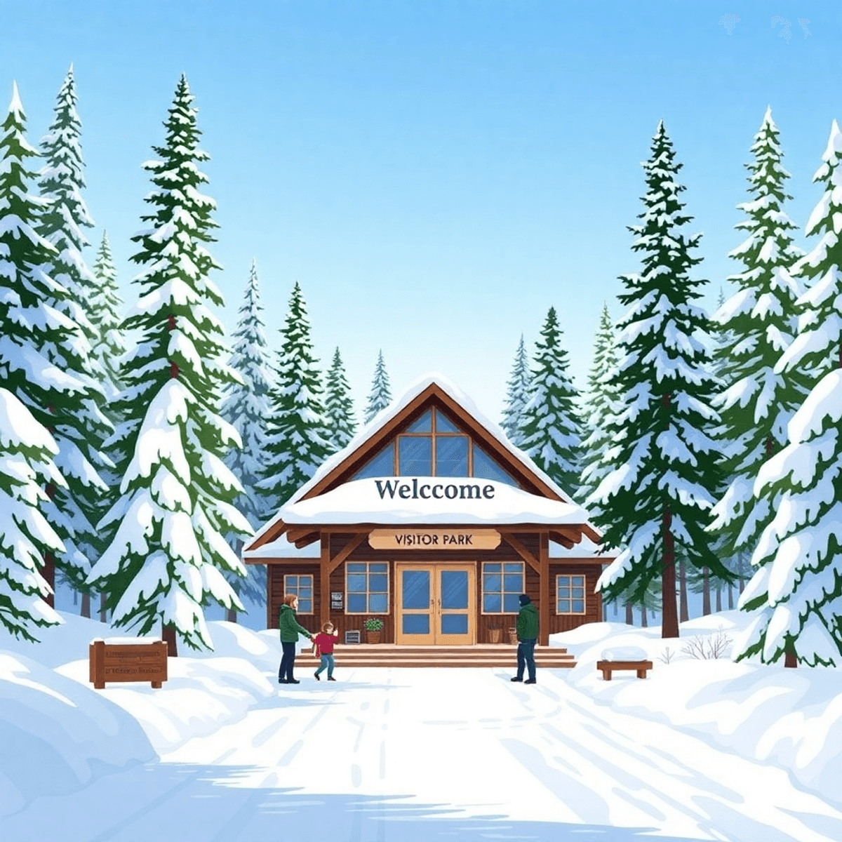 A cozy winter scene at Elk Island National Park with a welcoming visitor center, snow-covered trees, and a clear blue sky inviting exploration.