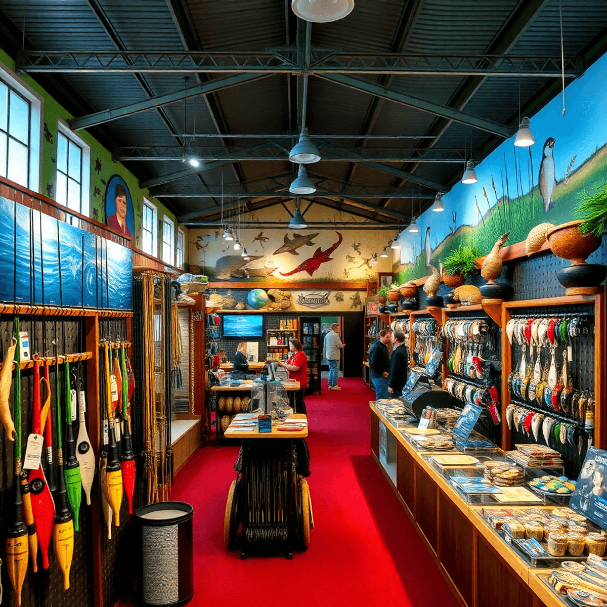 A vibrant indoor fishing and tackle show filled with colorful gear, local wildlife displays, and nature-themed decorations from the Kawartha Lakes region.
