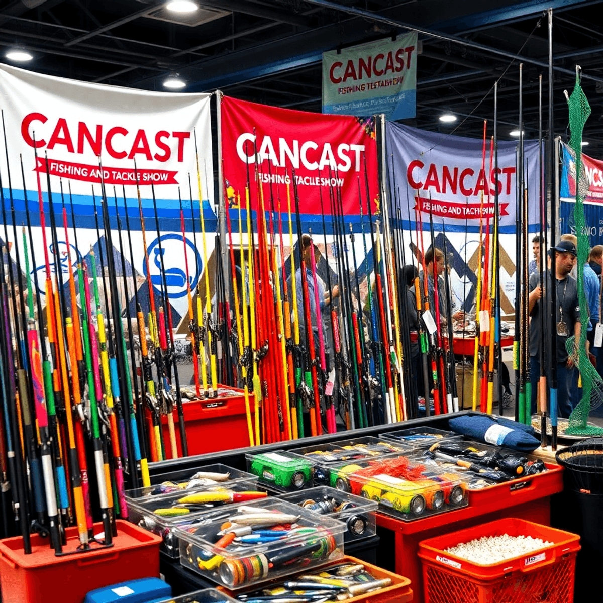 A vibrant fishing tackle show booth filled with colorful rods, reels, tackle boxes, lures, nets, and banners that say "CANCAST Fishing and Tackle Show".