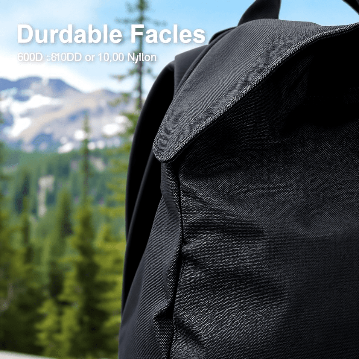 A close-up of a durable nylon backpack highlighting its robust fabric and reinforced stitching, with a natural outdoor backdrop of trees and mountains.