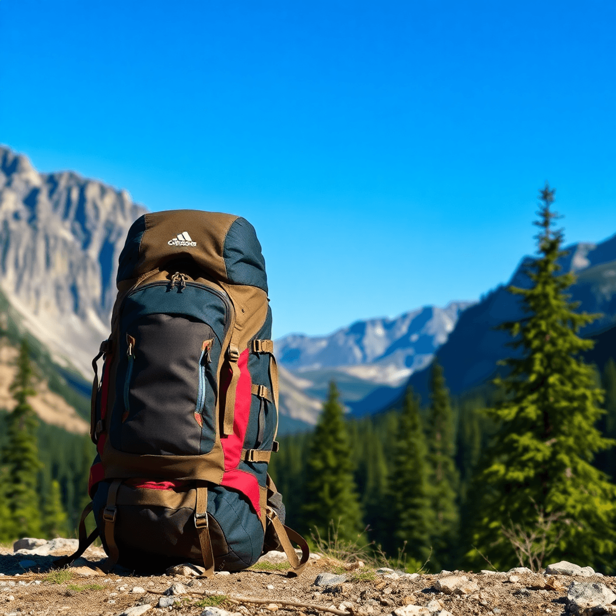 A sturdy backpack set against the stunning Canadian wilderness, surrounded by mountains and trees under a clear blue sky, showcasing its strength and design.