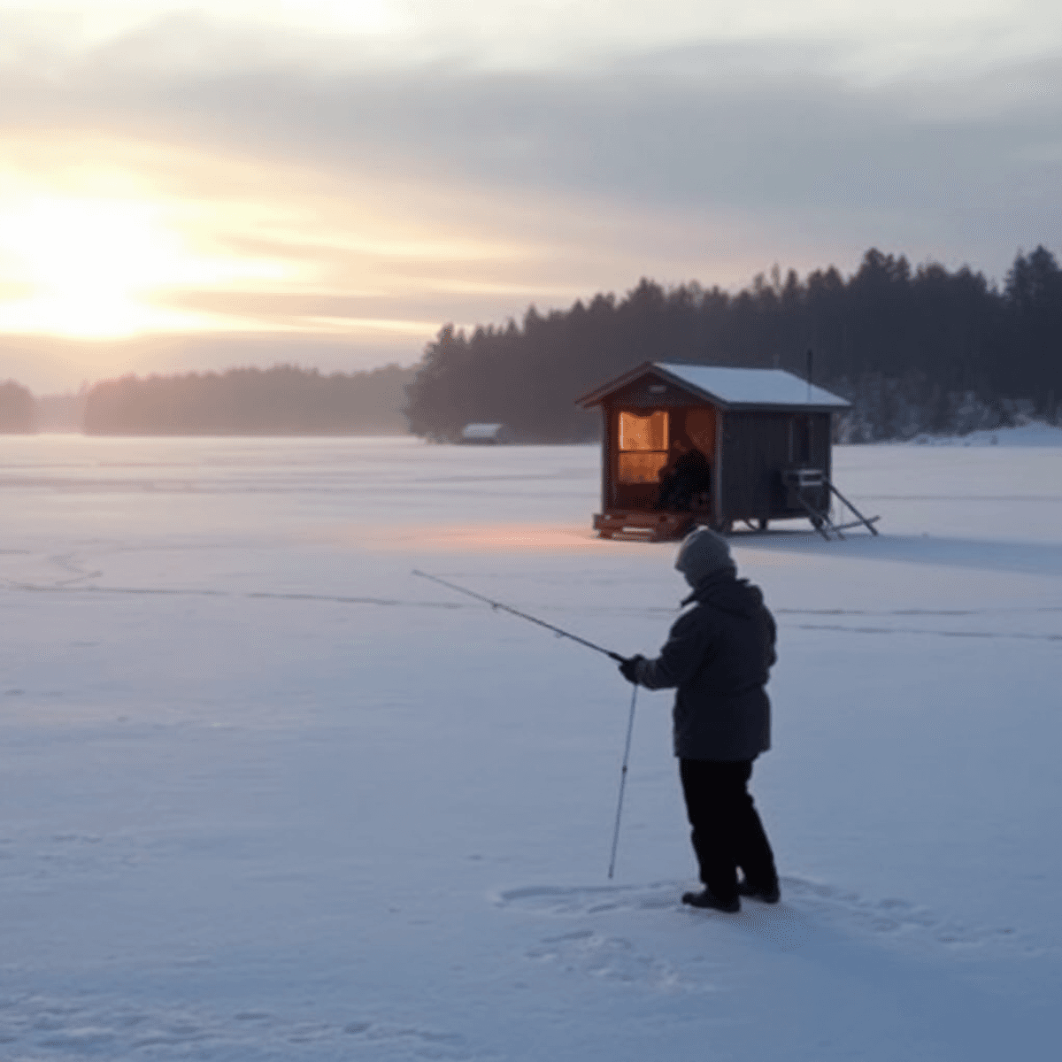 A tranquil winter landscape at dawn with a frozen lake, a small fishing hut, and a silhouette of a fisherman in warm clothing, ready for ice fishing.