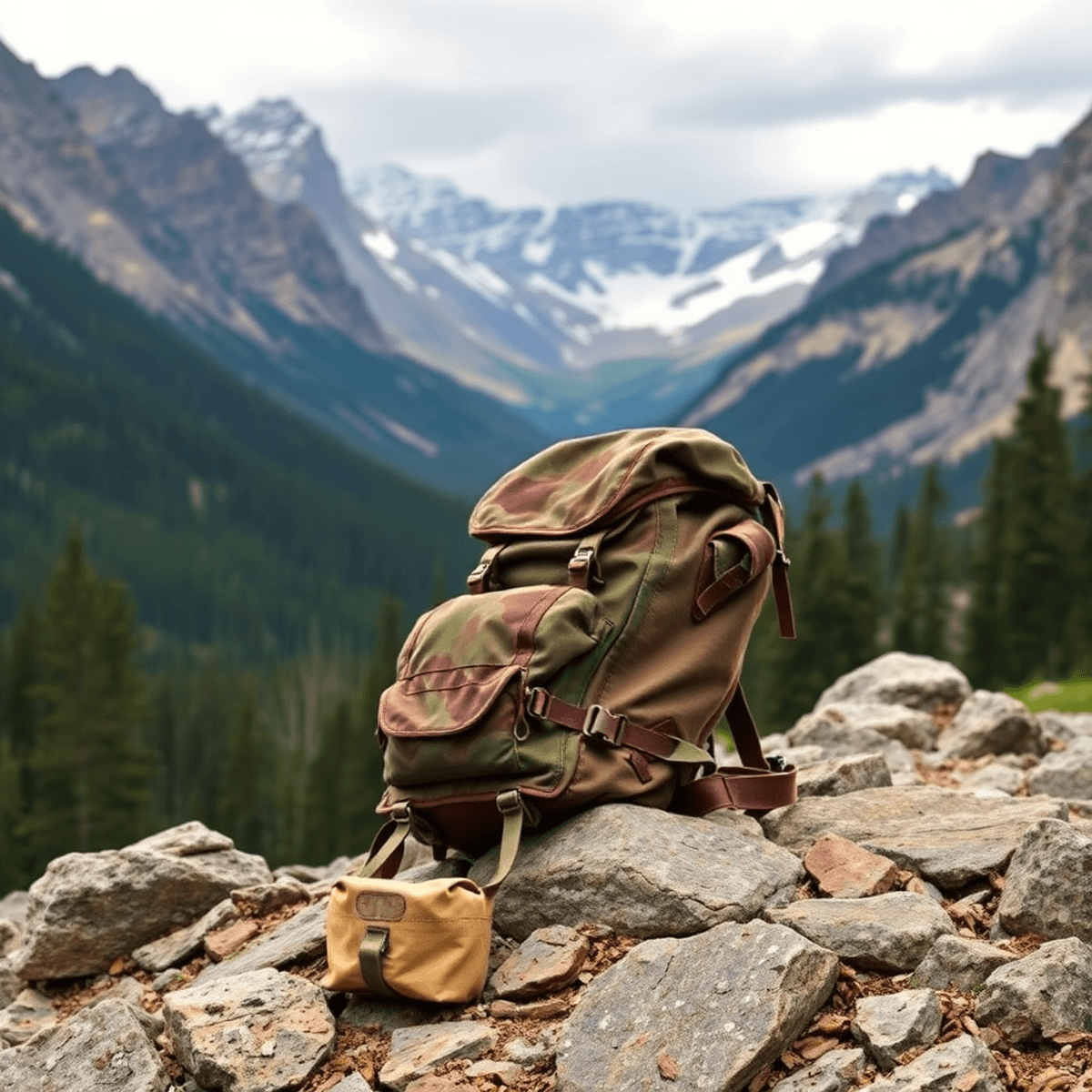 A sturdy hunting backpack rests on a rocky surface in a rugged Canadian wilderness, surrounded by dense forests and majestic mountains, evoking adventure and exploration.