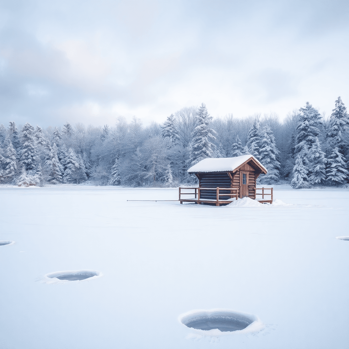 A tranquil winter scene featuring a frozen lake with an ice fishing hut, surrounded by snow-laden trees and fishing holes in the ice under a darkening sky.