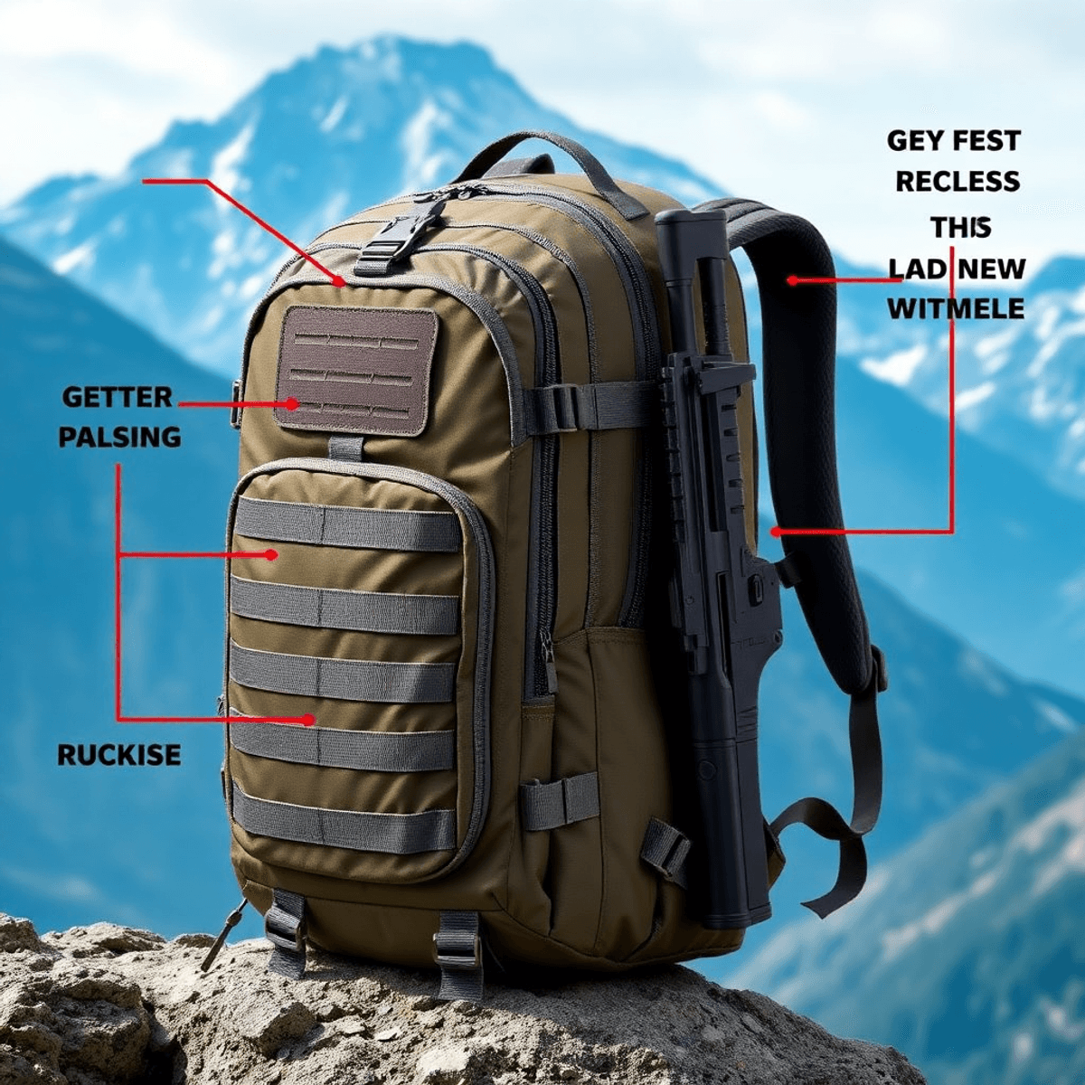 A rugged outdoor pack with a large main compartment and external PALS webbing, set against a scenic mountain backdrop, showcasing adventure and exploration.