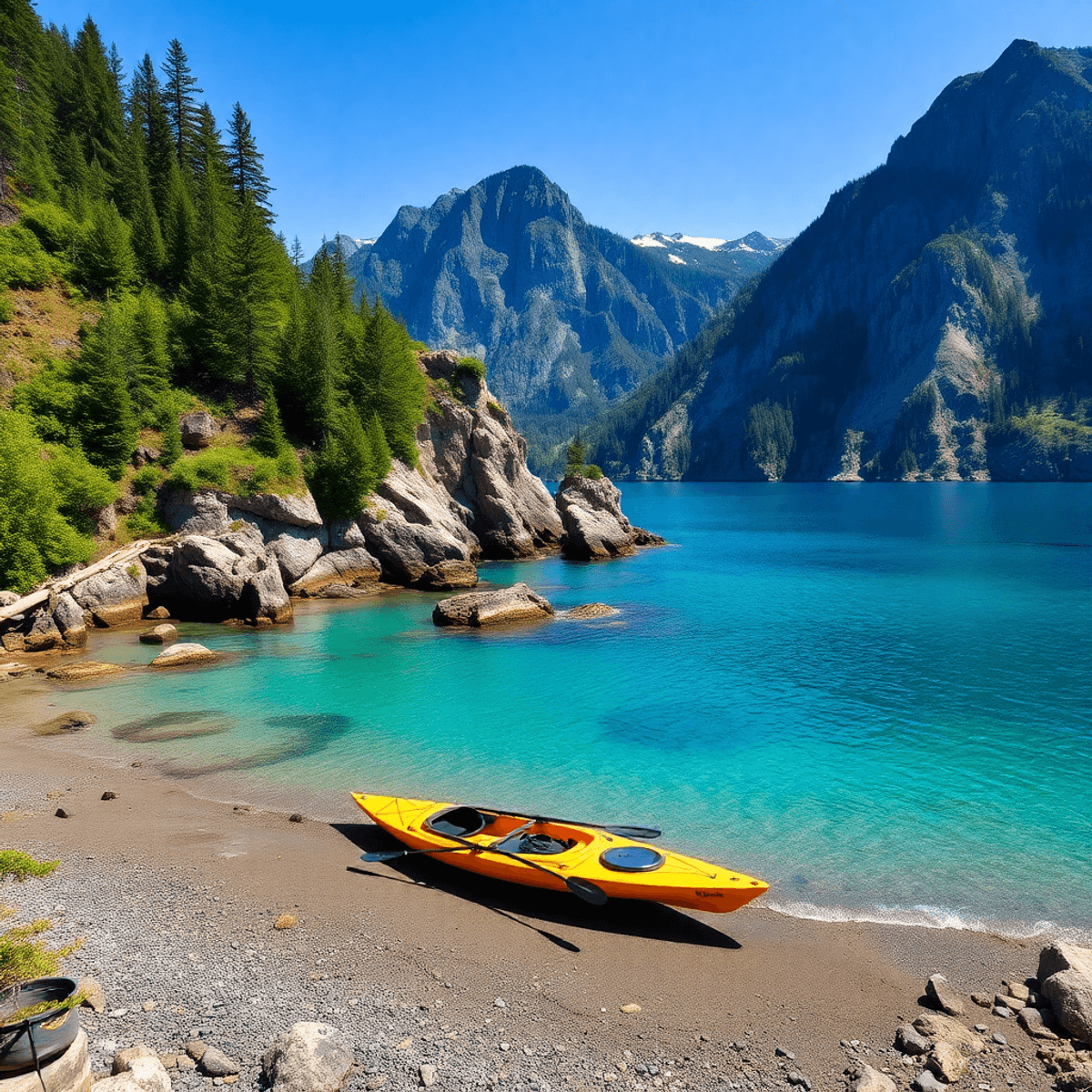 Gunpost - A stunning coastal view of British Columbia with rugged shorelines, clear blue waters, a kayak on the beach, fishing gear nearby, and lush greenery under a bright blue sky. Kayaking