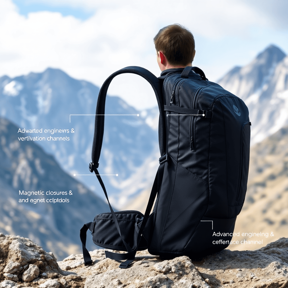 A modern outdoor backpack with ventilation channels and magnetic closures, set against a rugged mountain backdrop, highlighting its strength and innovative design.